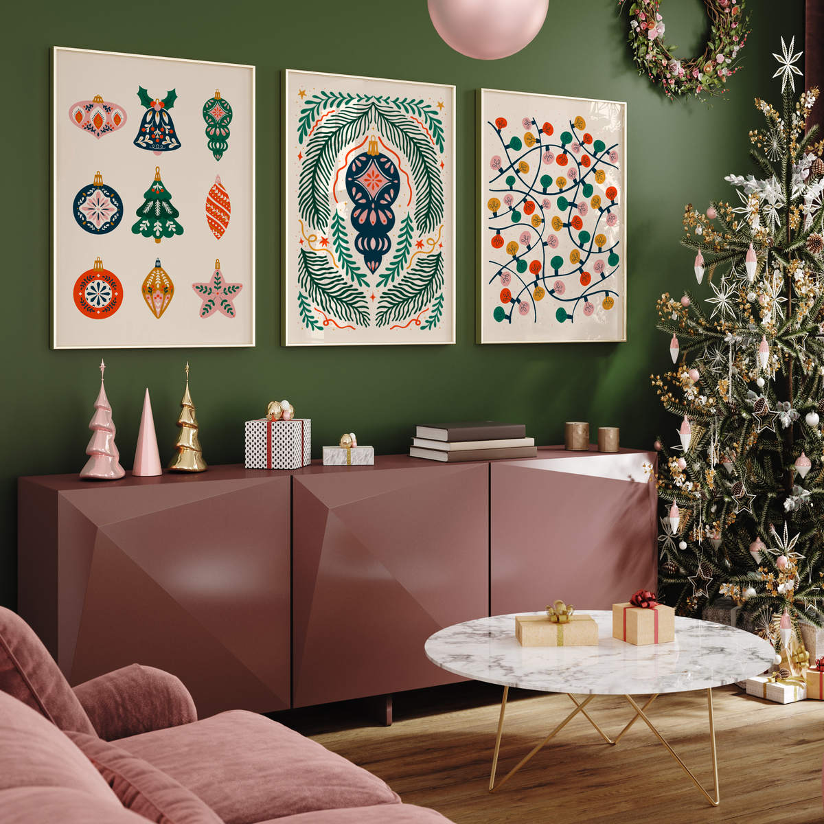 Decorative living room with a Christmas tree, artwork, and festive decor.