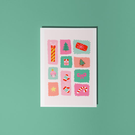 Card with Christmas-themed stamps on a green background