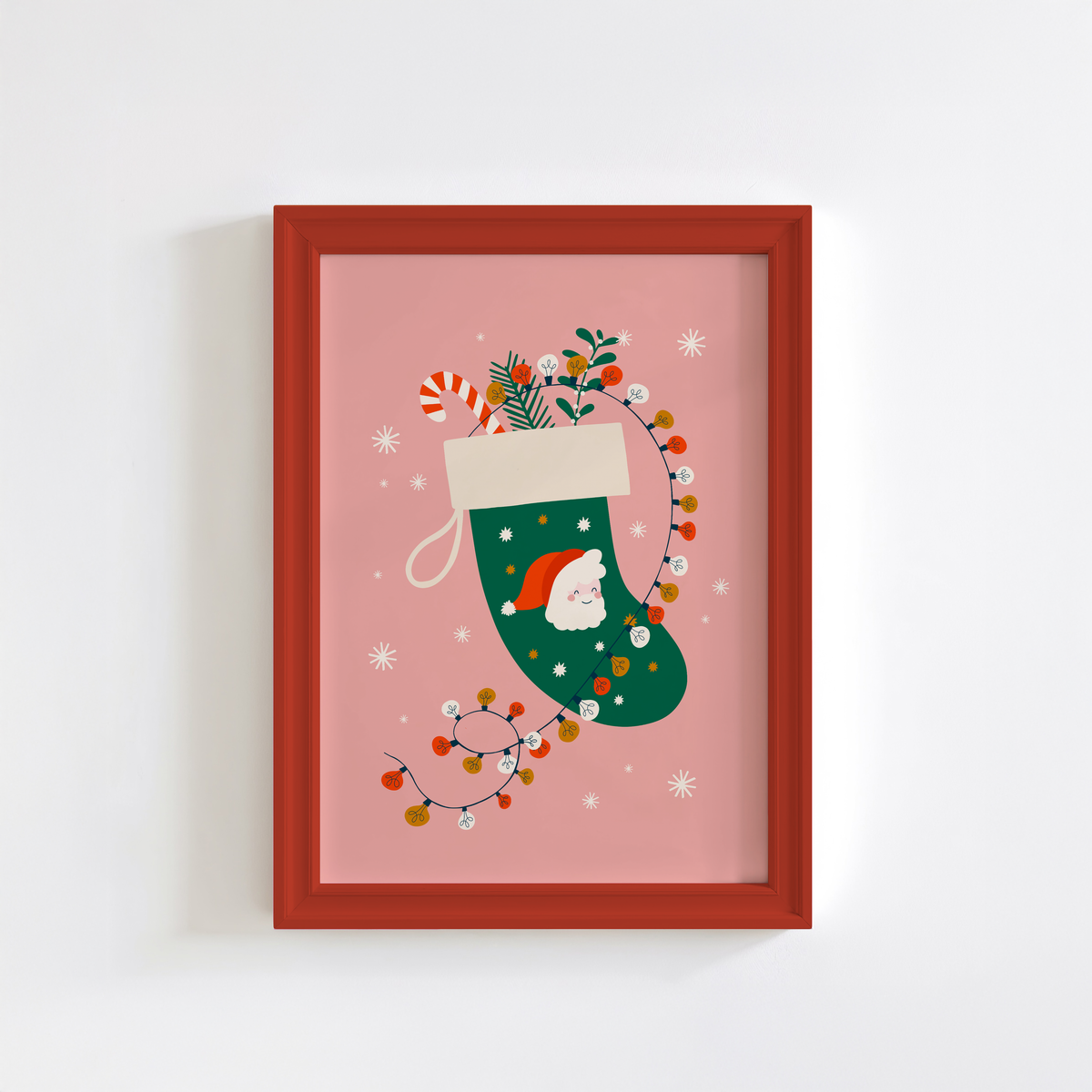 A Christmas illustration print featuring a green traditional stocking with a Father Christmas design, with fairly lights, candy canes and mistletoe inside the stocking.