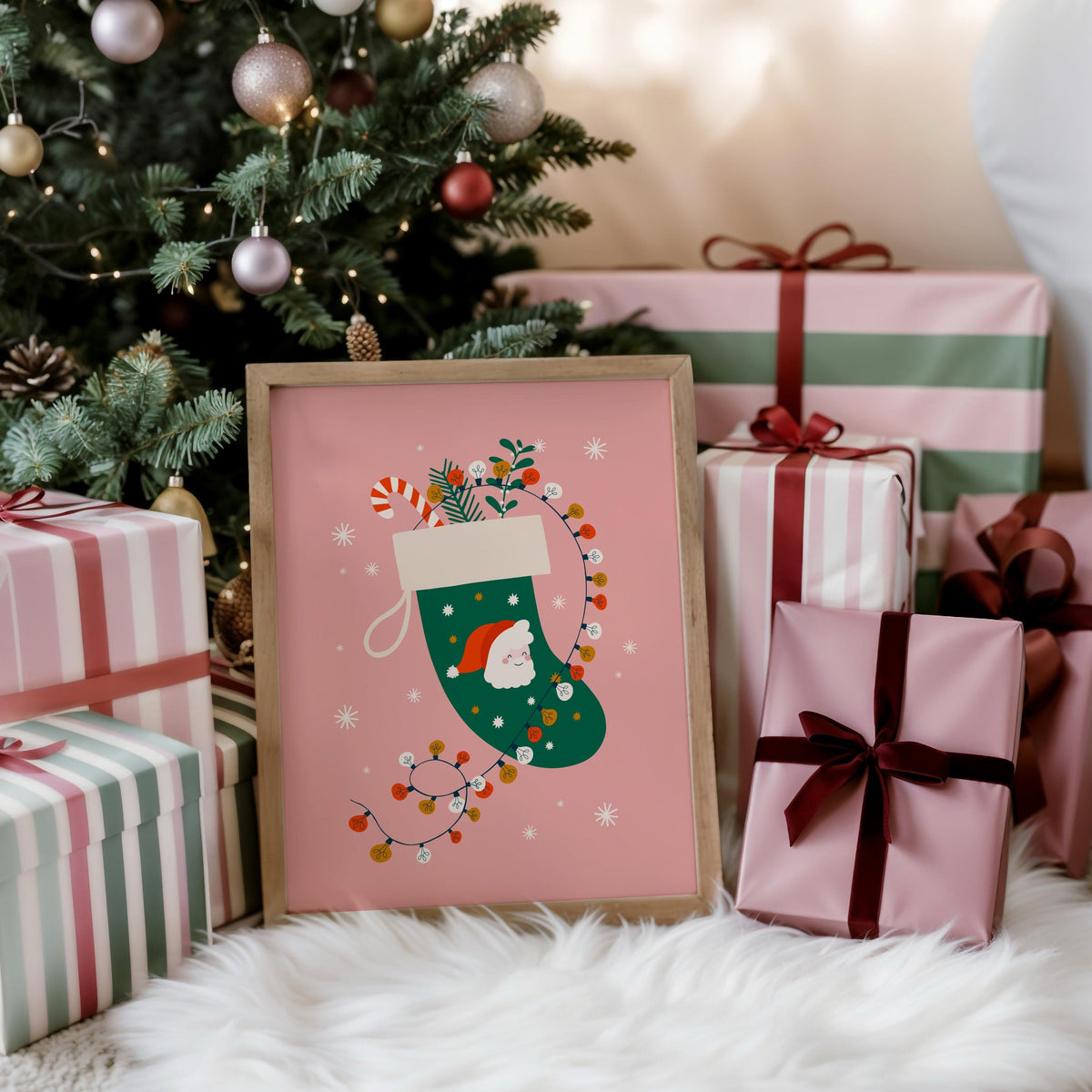 A Christmas illustration print featuring a green traditional stocking with a Father Christmas design, with fairly lights, candy canes and mistletoe inside the stocking.