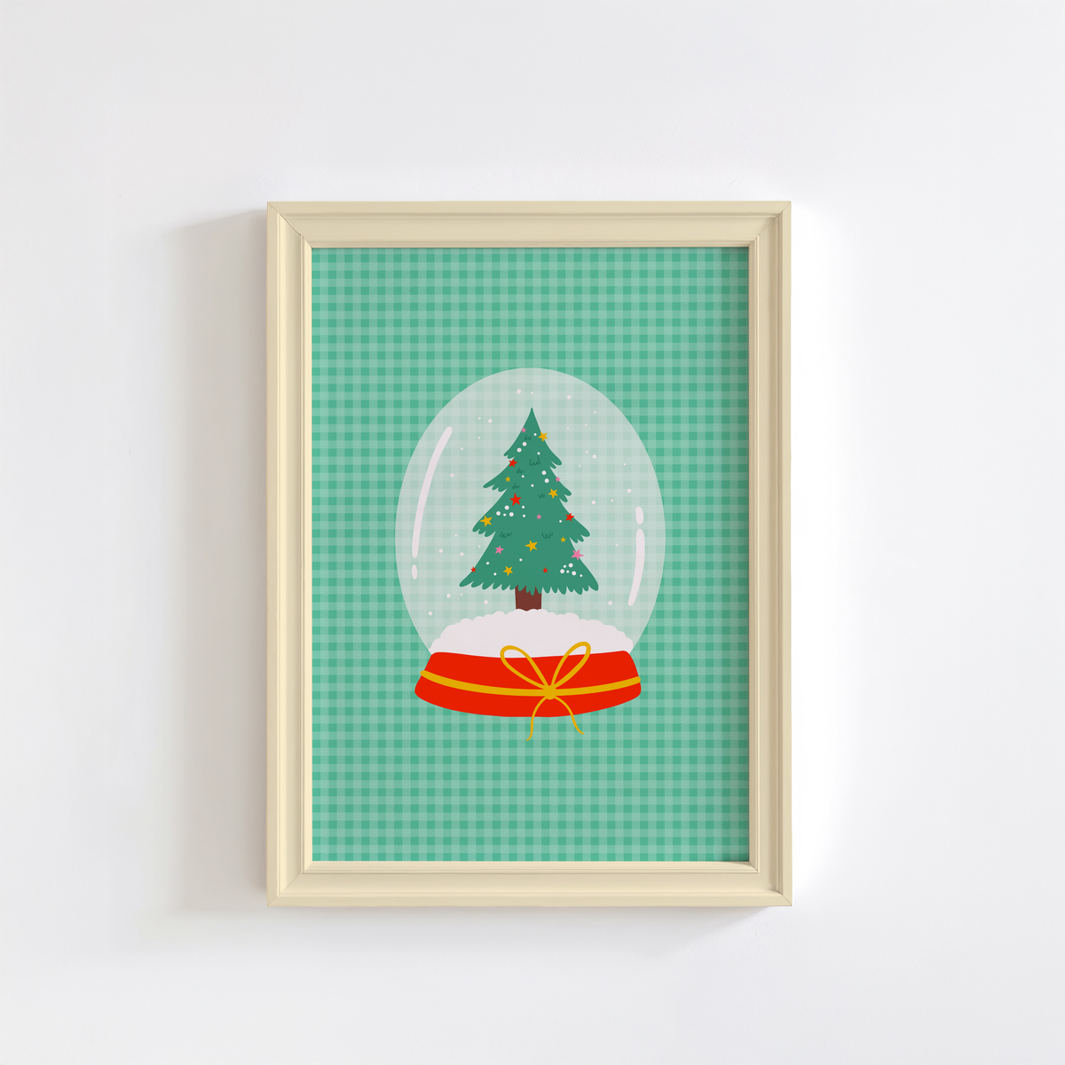 An illustrated Christmas print, featuring a Christmas tree inside a snow globe, set on a green gingham background.