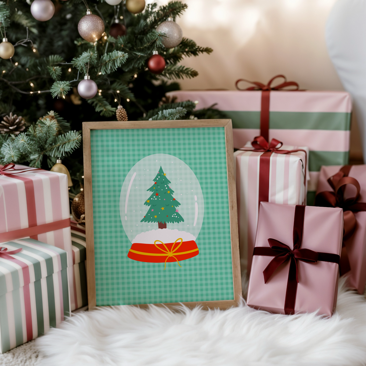 An illustrated Christmas print, featuring a Christmas tree inside a snow globe, set on a green gingham background.