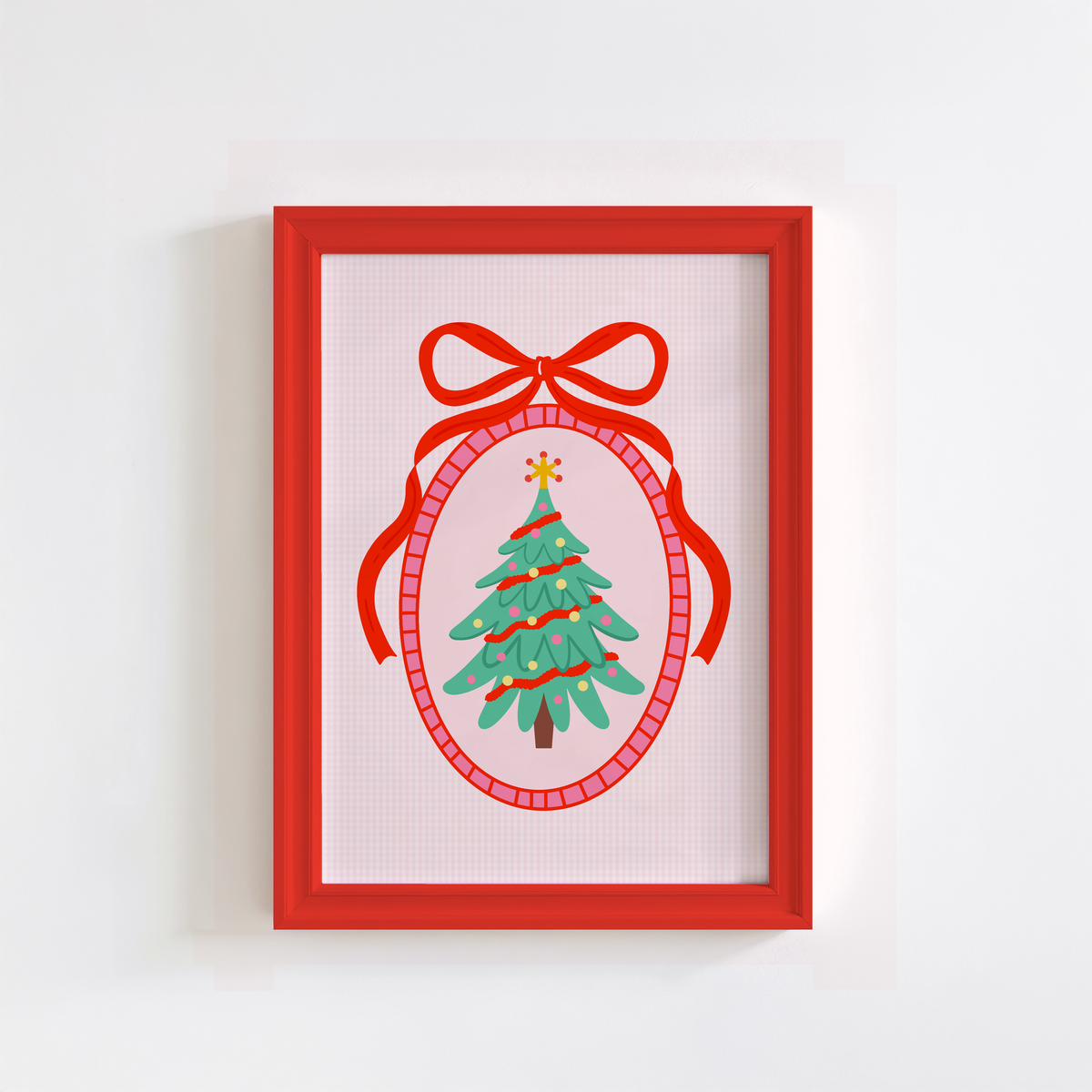 An illustration of a Christmas tree, surrounded by a hand drawn border with a large red bow on top. The background of the print is a soft pink gingham.