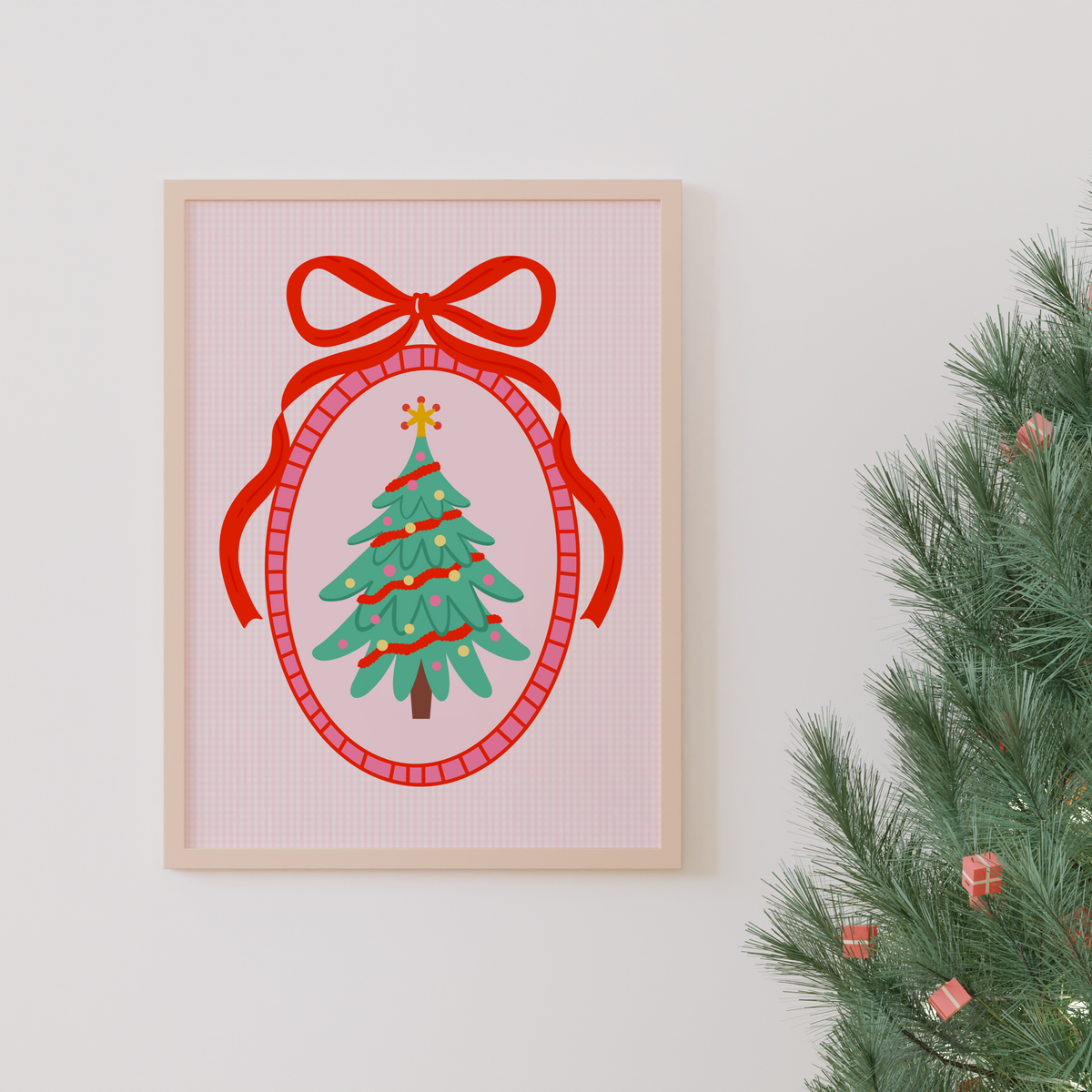An illustration of a Christmas tree, surrounded by a hand drawn border with a large red bow on top. The background of the print is a soft pink gingham.
