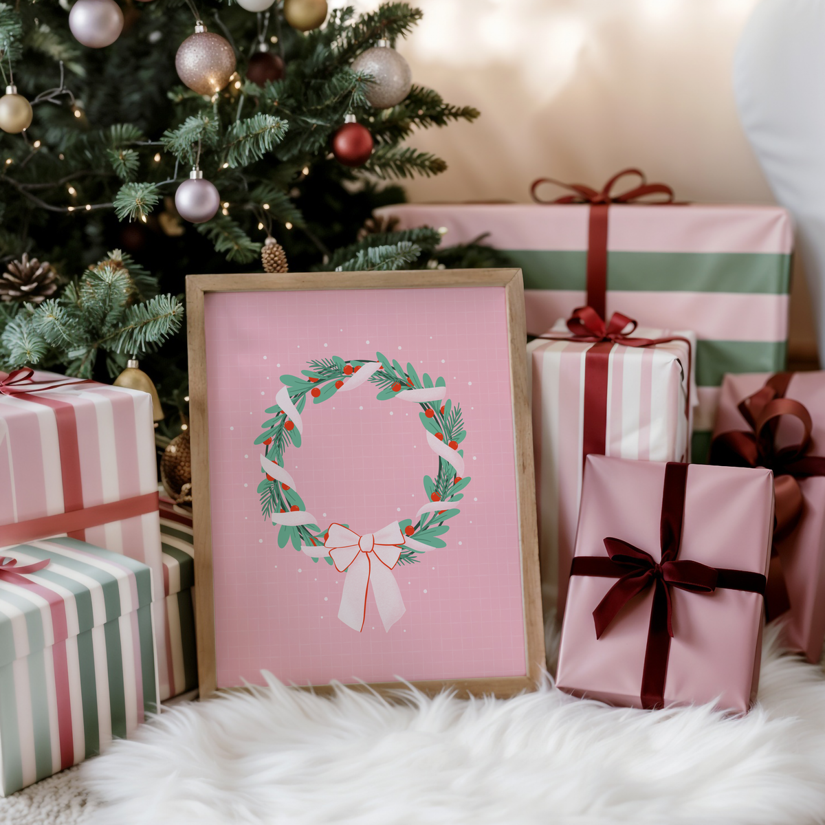 A bright pink christmas print featuring an illustration of a wreath wrapped in ribbon.