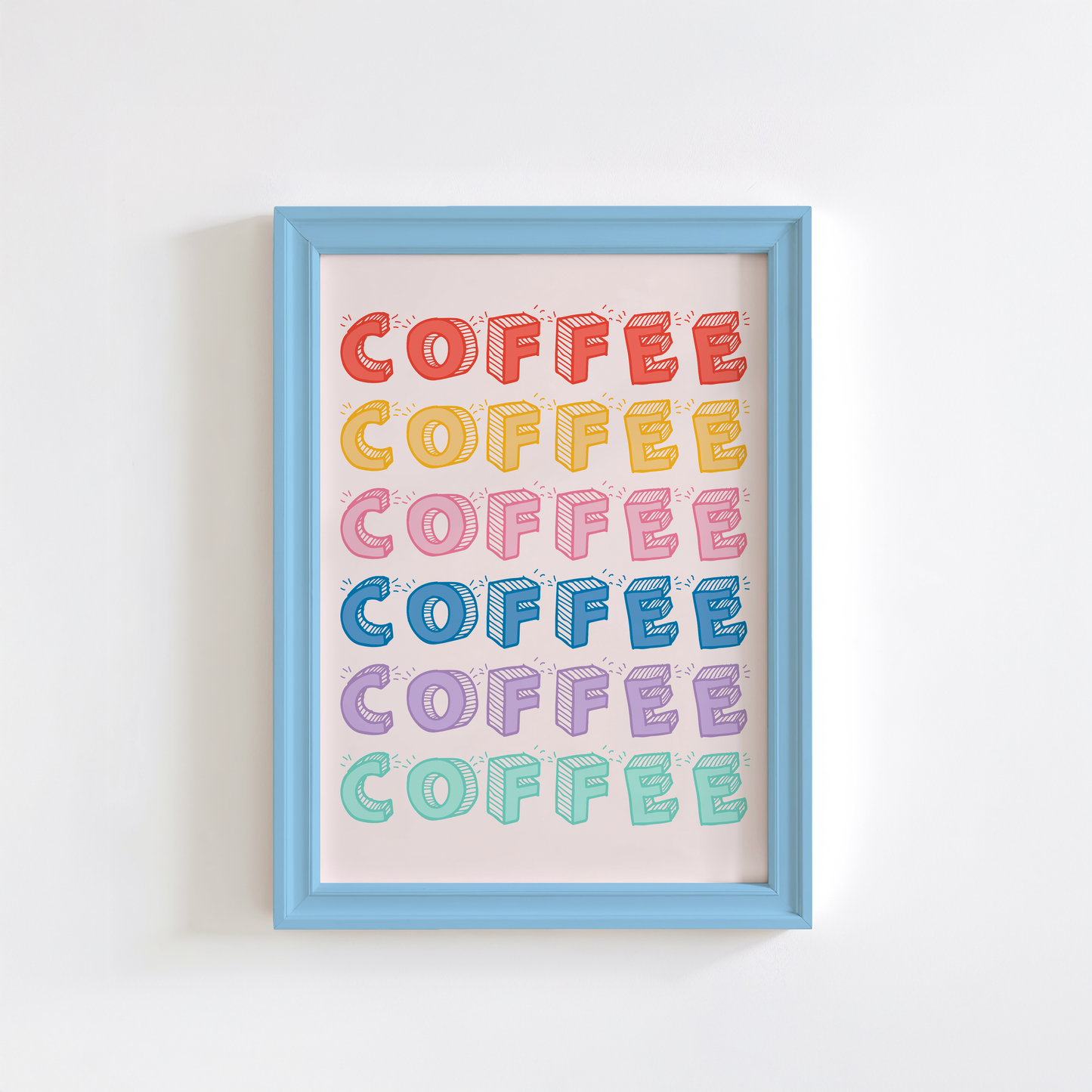 A typography print, with stylised text. The word 'coffee' is repeated 6 times in different rainbow colours.