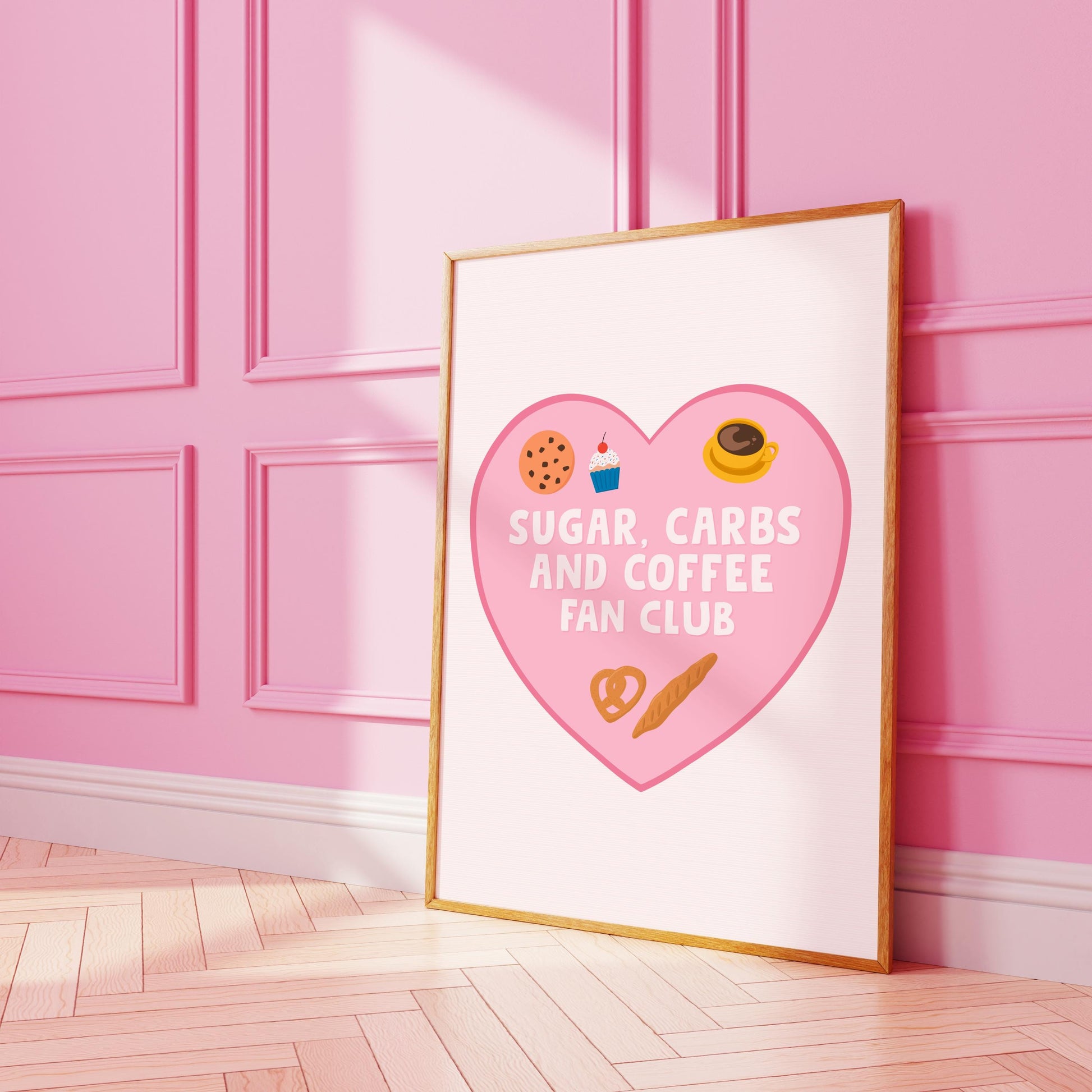 An illustration of a pink heart, with the words 'Sugar, carbs and coffee fan club' inside, with small illustrations of related items.