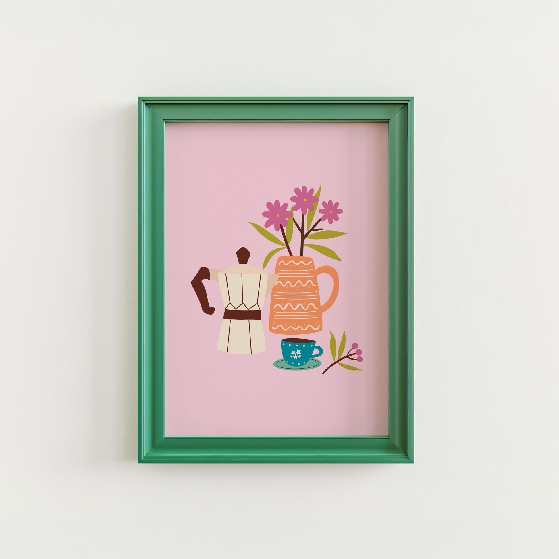 An illustration print, of a cafetière of coffee, a small mug and a vase of pink flowers. The print is on a pink background.