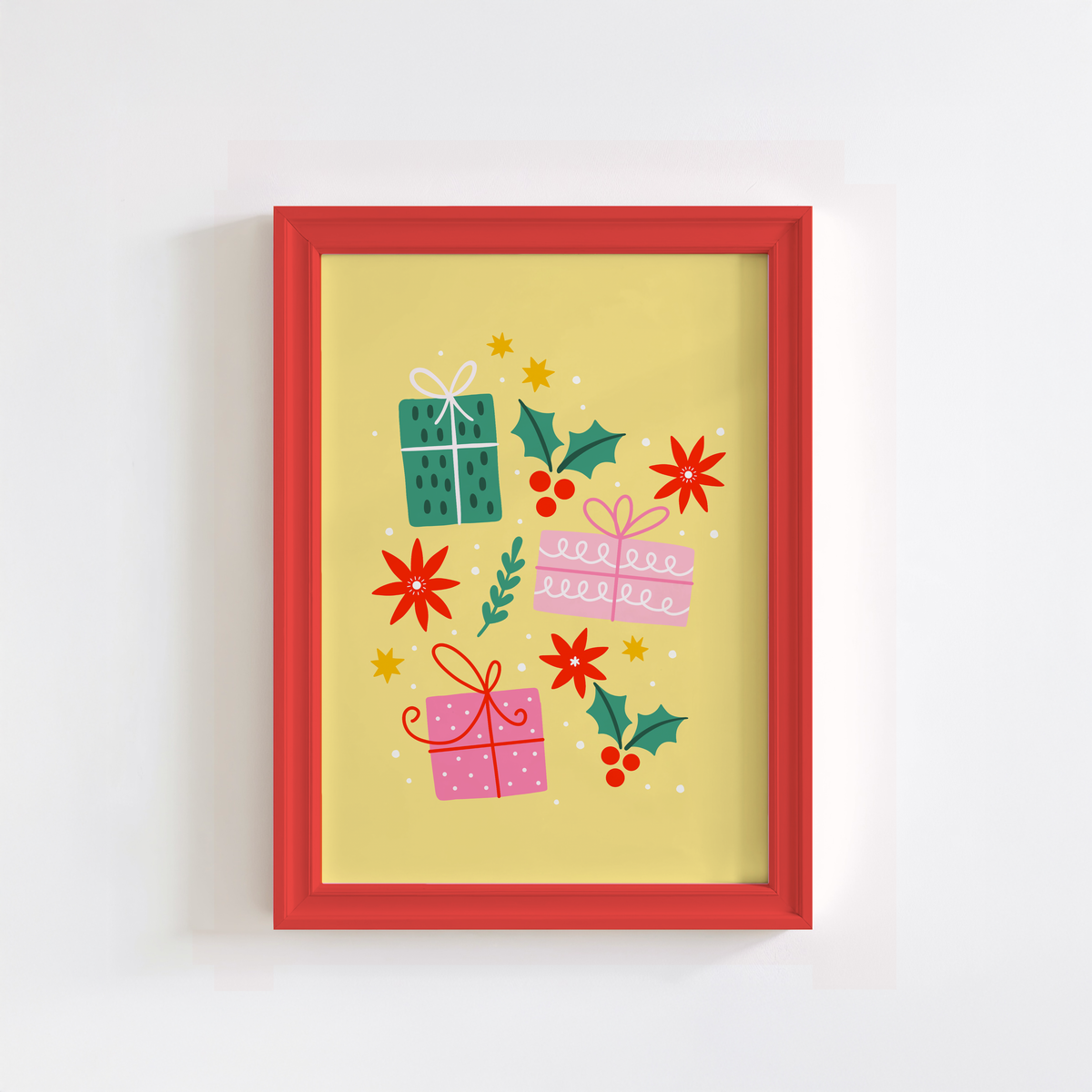 A yellow Christmas print with three brightly wrapped presents, and other small festive themes doodles.