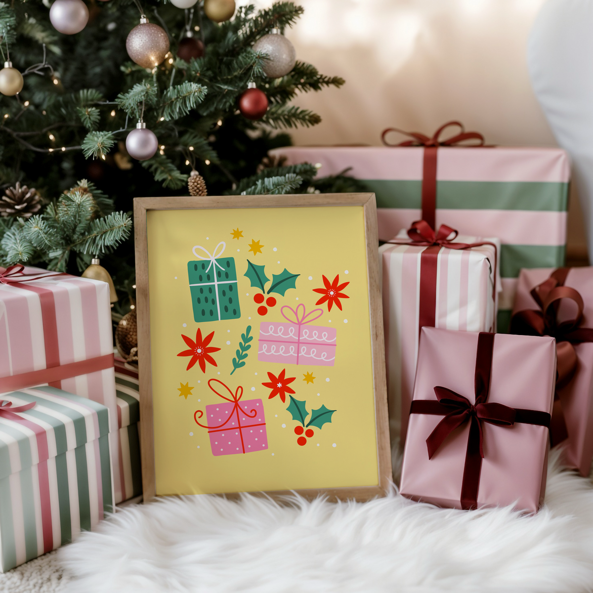 A yellow Christmas print with three brightly wrapped presents, and other small festive themes doodles.
