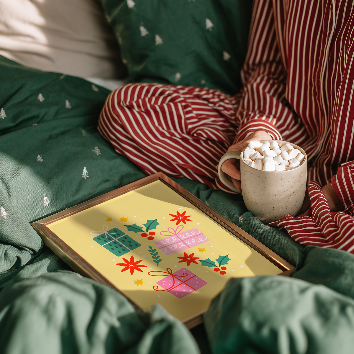 A yellow Christmas print with three brightly wrapped presents, and other small festive themes doodles.