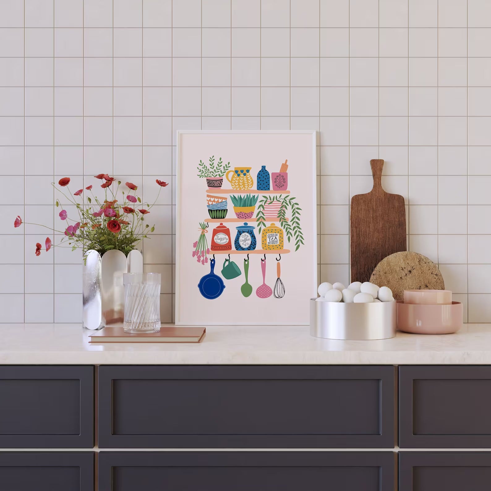 A print with a set of kitchen shelves, with lots of colourful pots, plants and kitchen utensils featured.