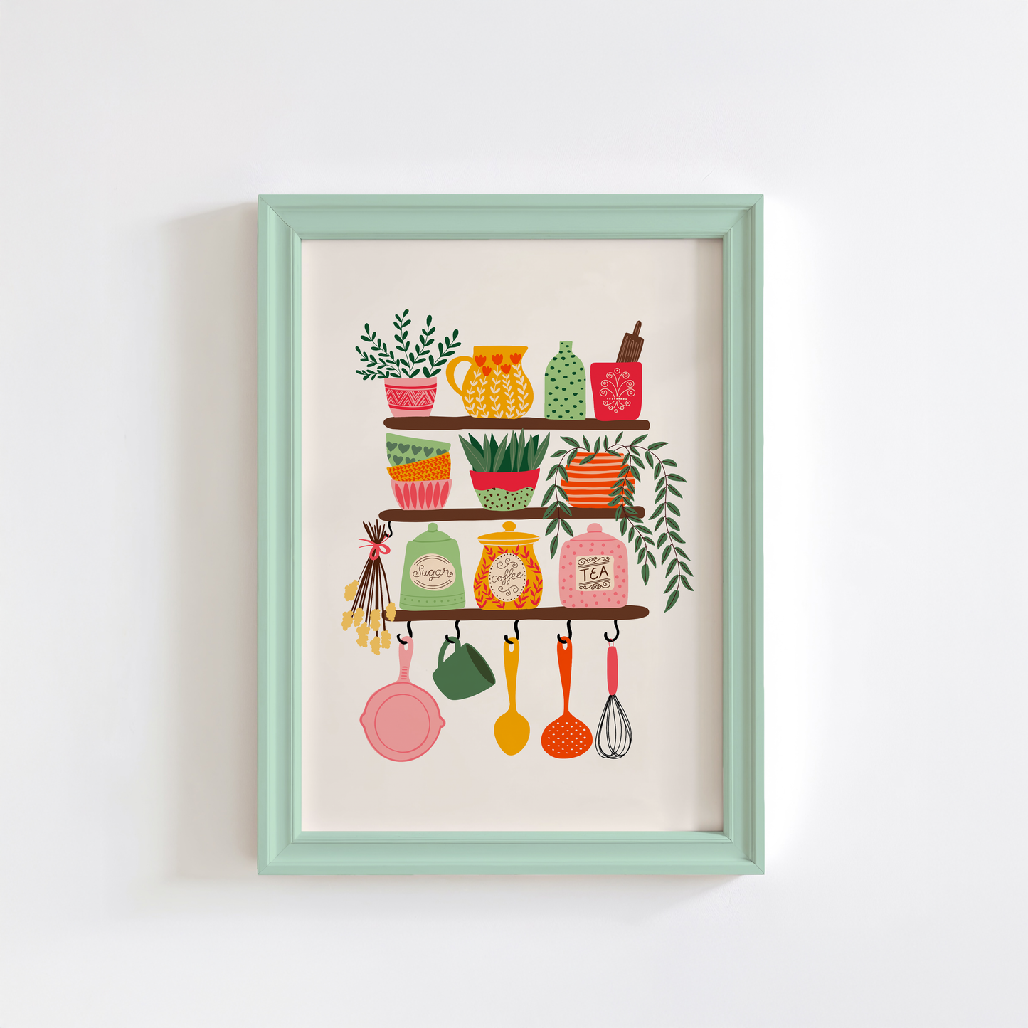 Kitchen print with colourful pots and pans and vases on shelves.