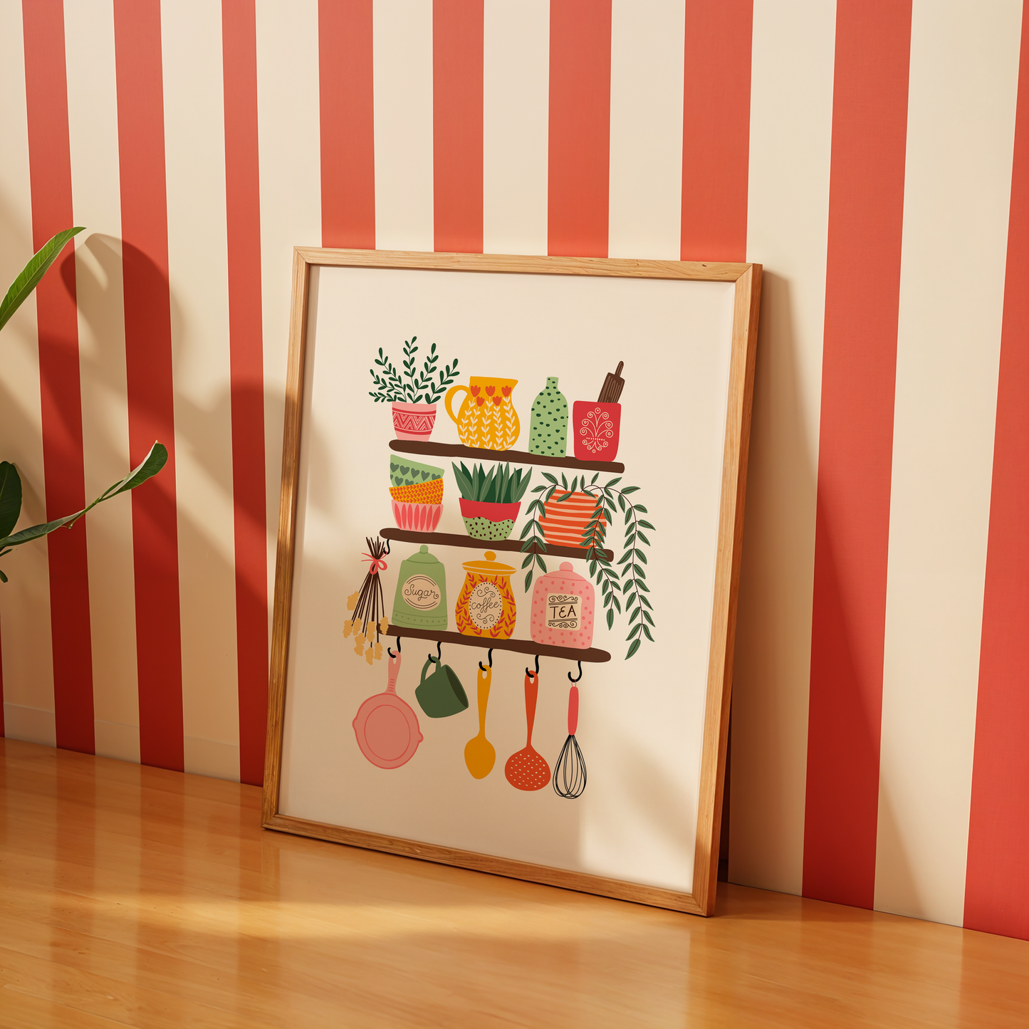 Kitchen print with colourful pots and pans and vases on shelves.