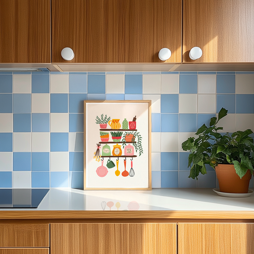 Kitchen print with colourful pots and pans and vases on shelves.