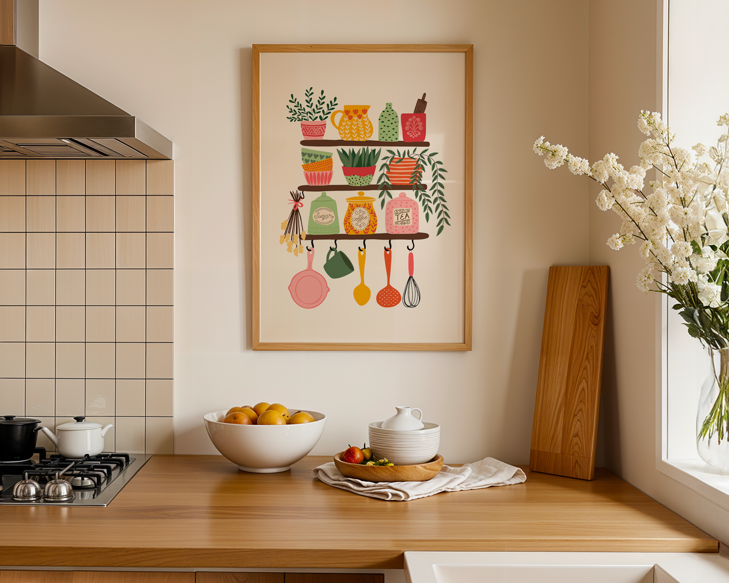 Kitchen print with colourful pots and pans and vases on shelves.