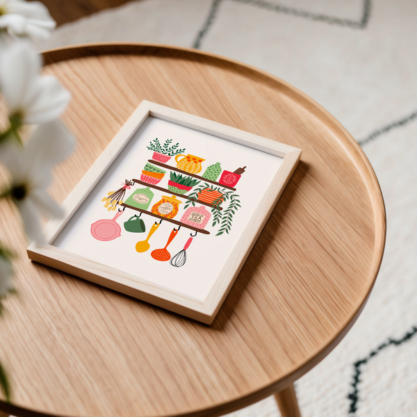 Kitchen print with colourful pots and pans and vases on shelves.