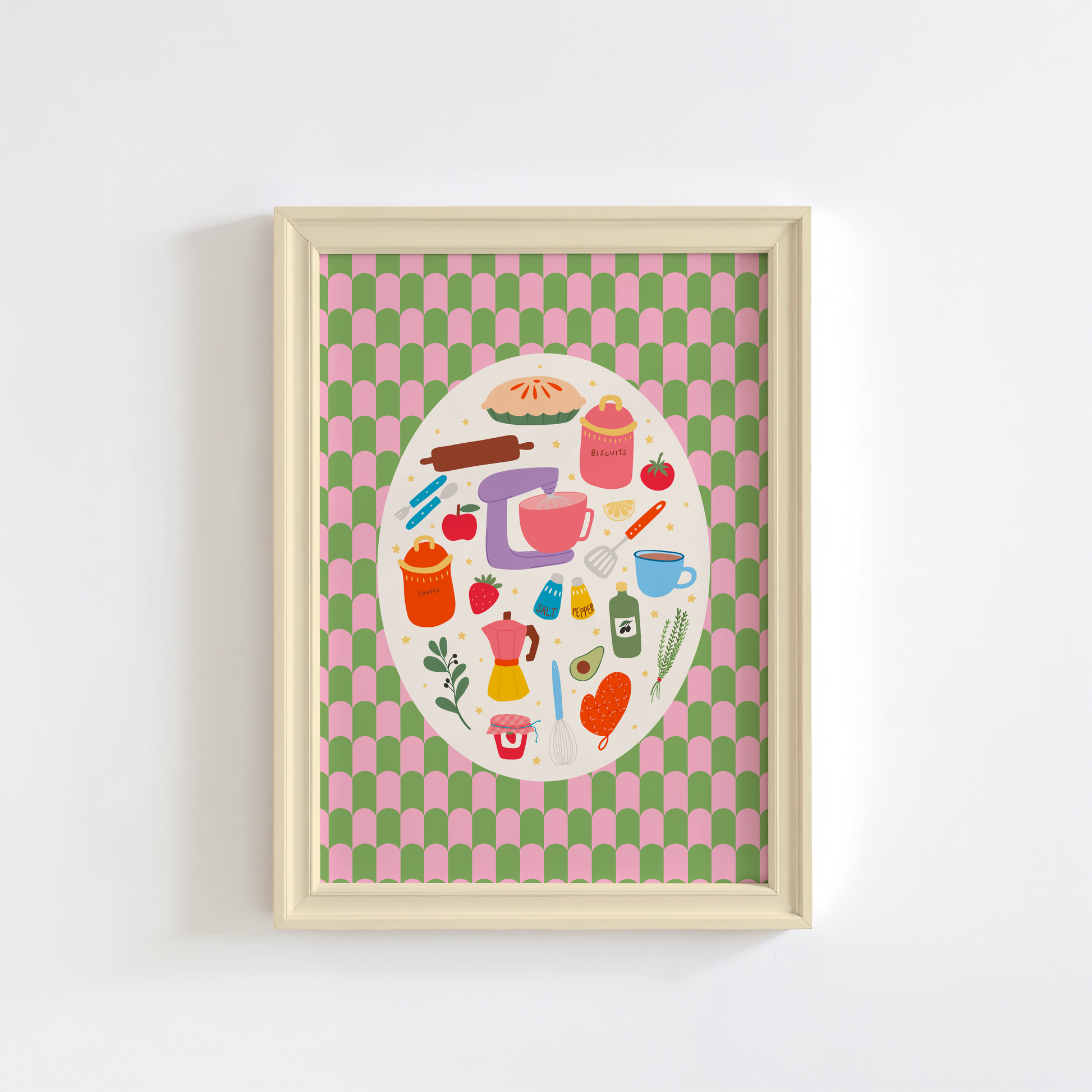 A bright print with a green and pink patterned background, with a cream oval in the centre. Inside the oval are lots of different kitchen themed illustrations, like food and utensils.