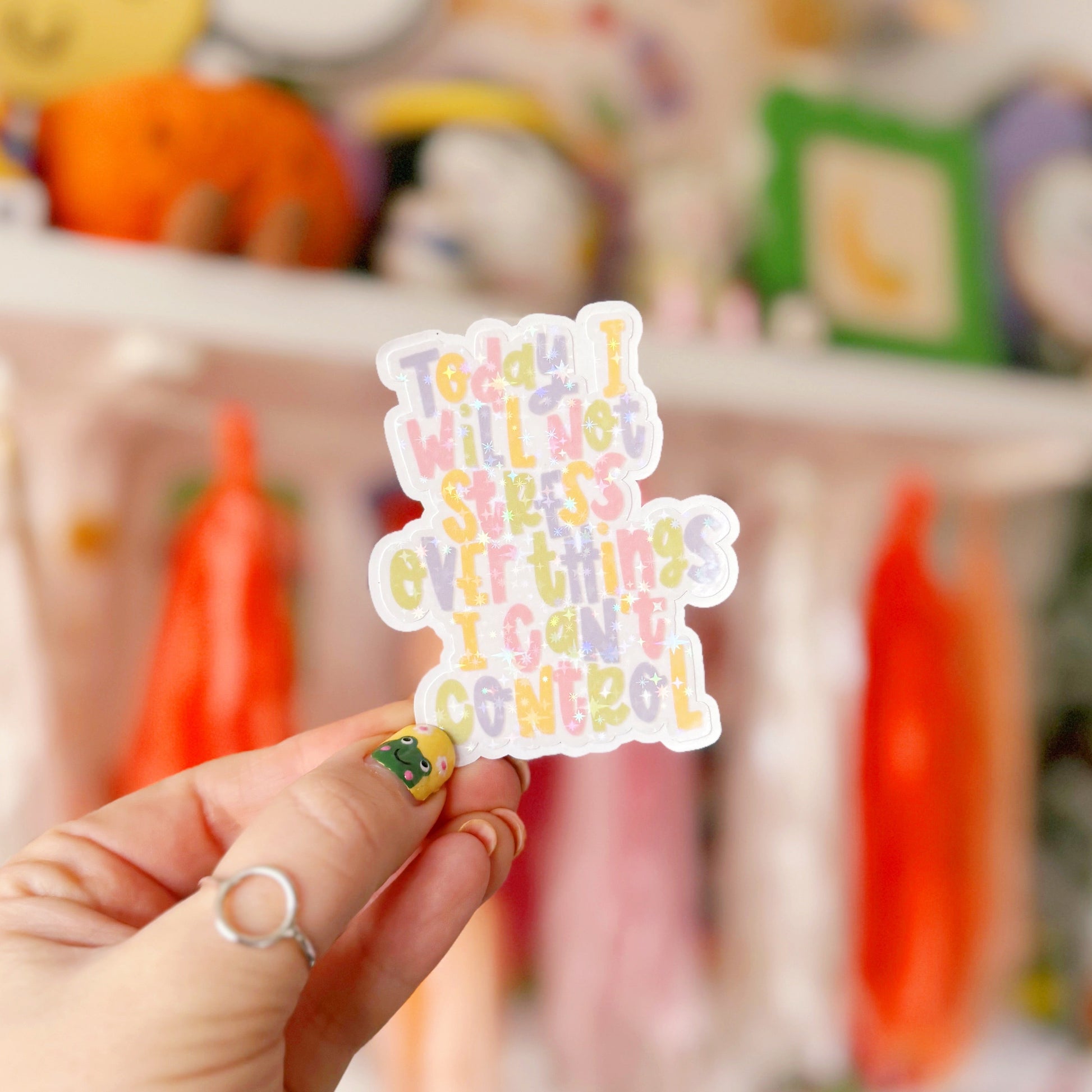 A holographic sticker, with the quote today I will not stress over things I can't control on it. The sticker has an easy peel lip.