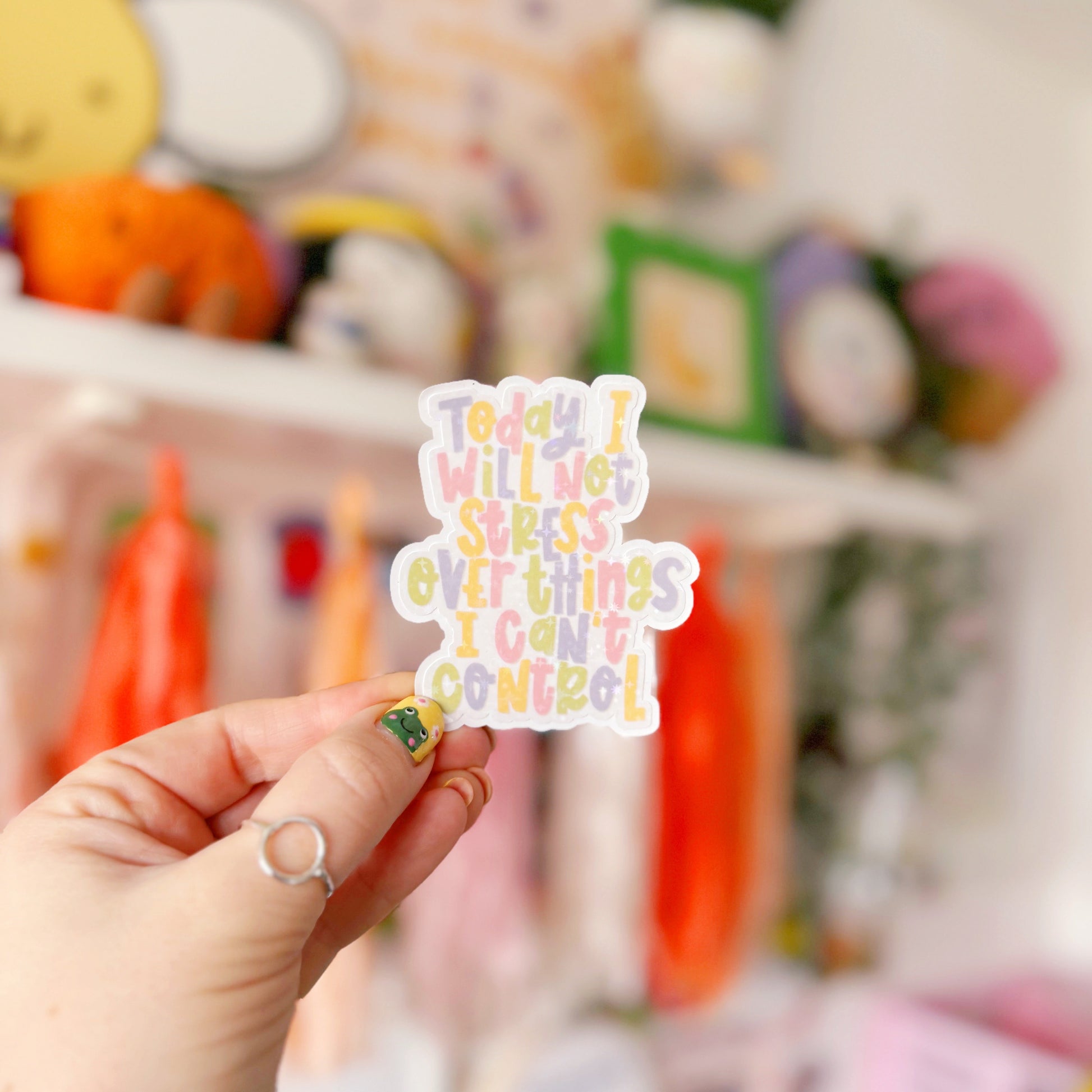 A holographic sticker, with the quote today I will not stress over things I can't control on it. The sticker has an easy peel lip.