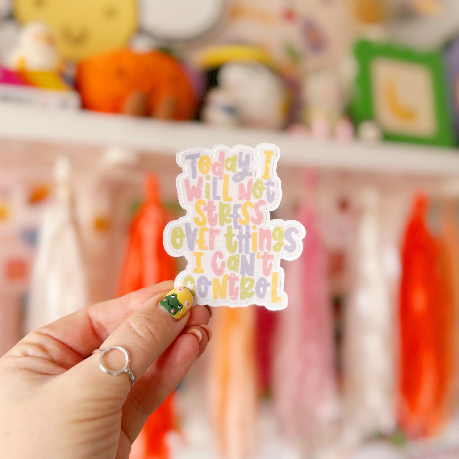 A holographic sticker, with the quote today I will not stress over things I can't control on it. The sticker has an easy peel lip.