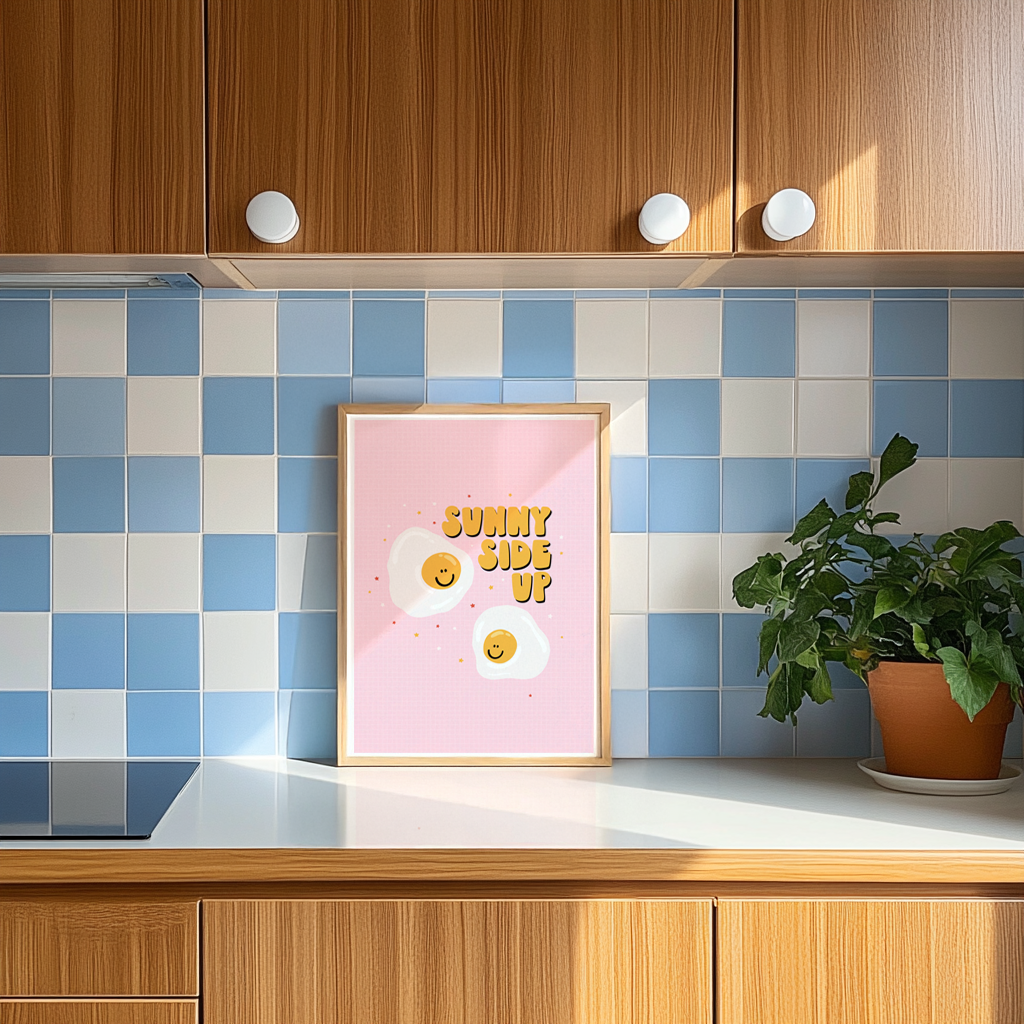 A framed print with a pink background featuring illustrations of sunny side up eggs with smiling faces and the text 'SUNNY SIDE UP' across the top.