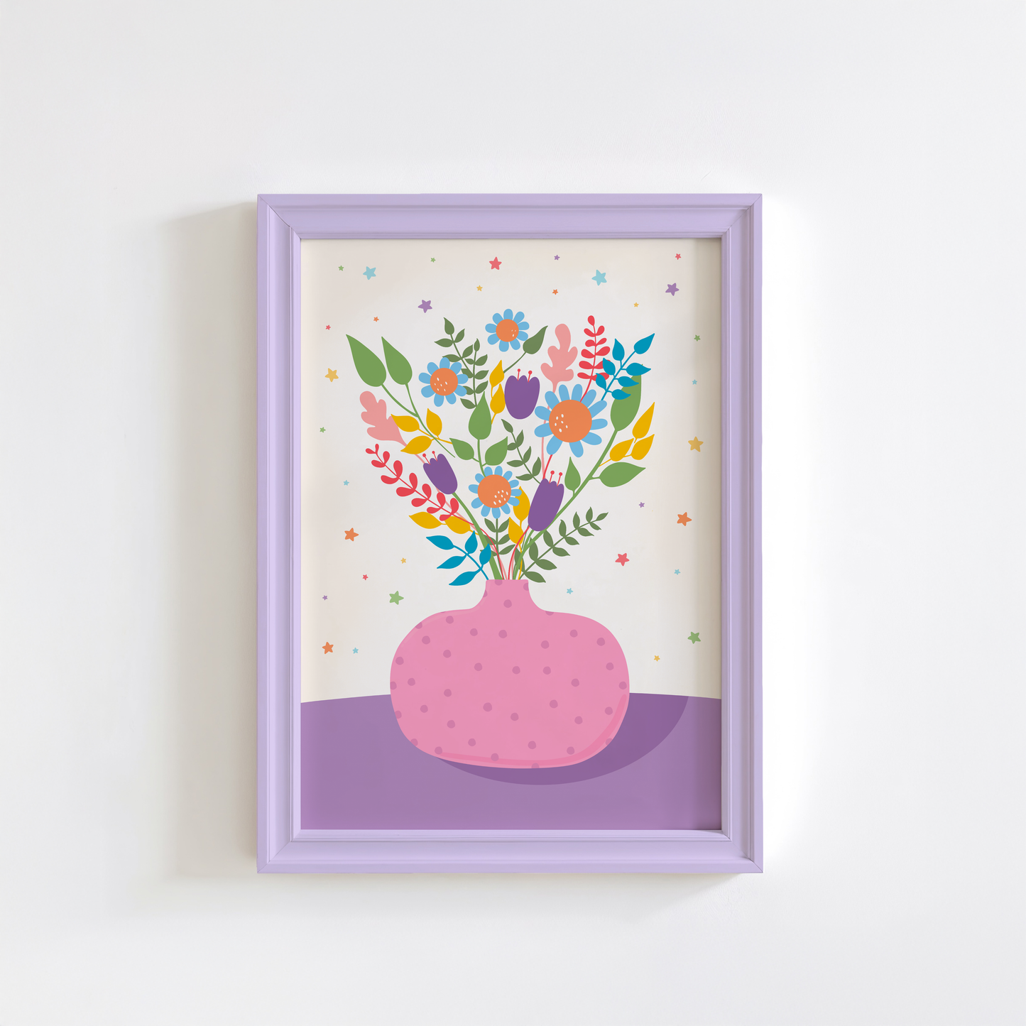 An illustration of a pink vase with bright colourful flowers in. The vase is set on a purple and cream background, decorated with little colourful star illustrations.