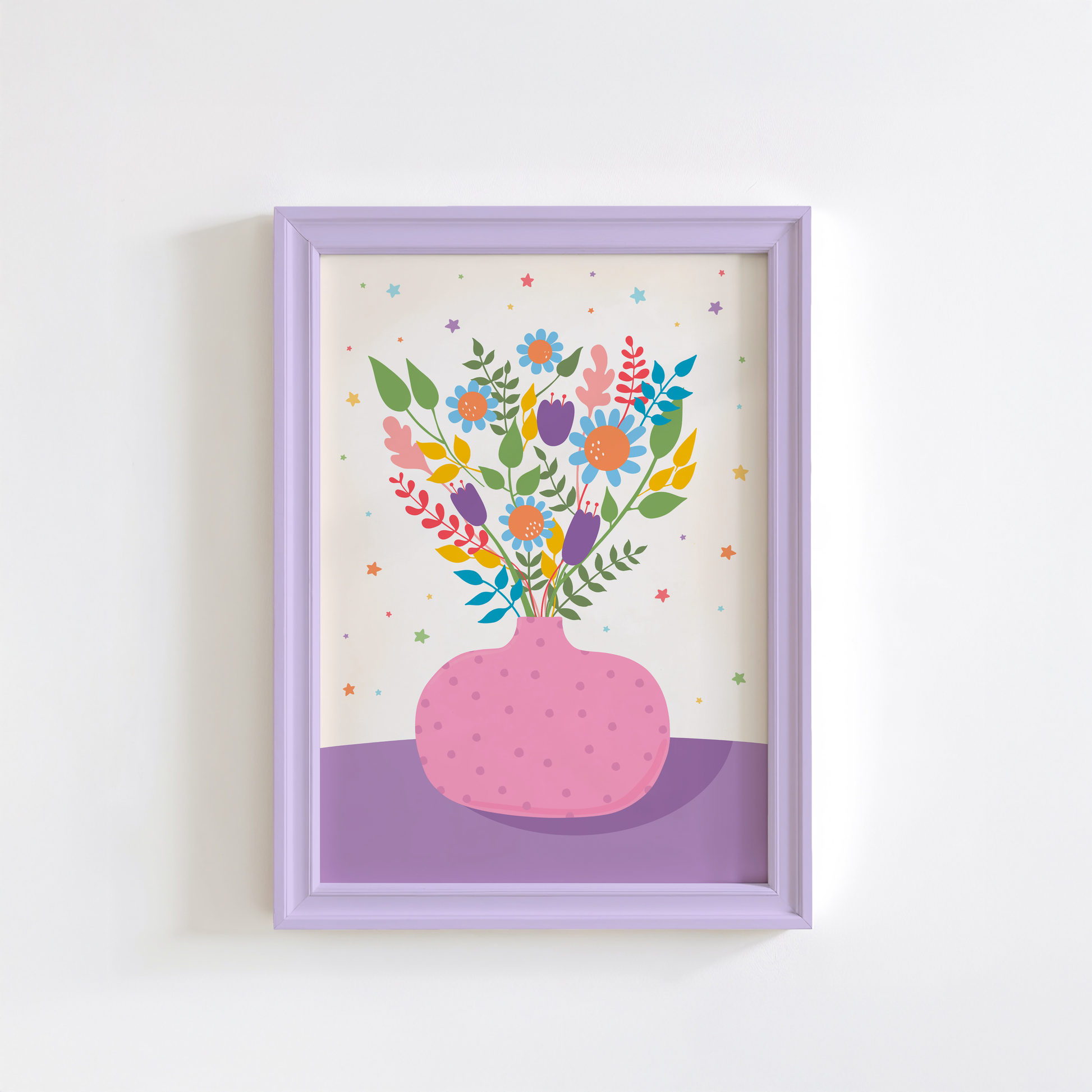 An illustration of a pink vase with bright colourful flowers in. The vase is set on a purple and cream background, decorated with little colourful star illustrations.