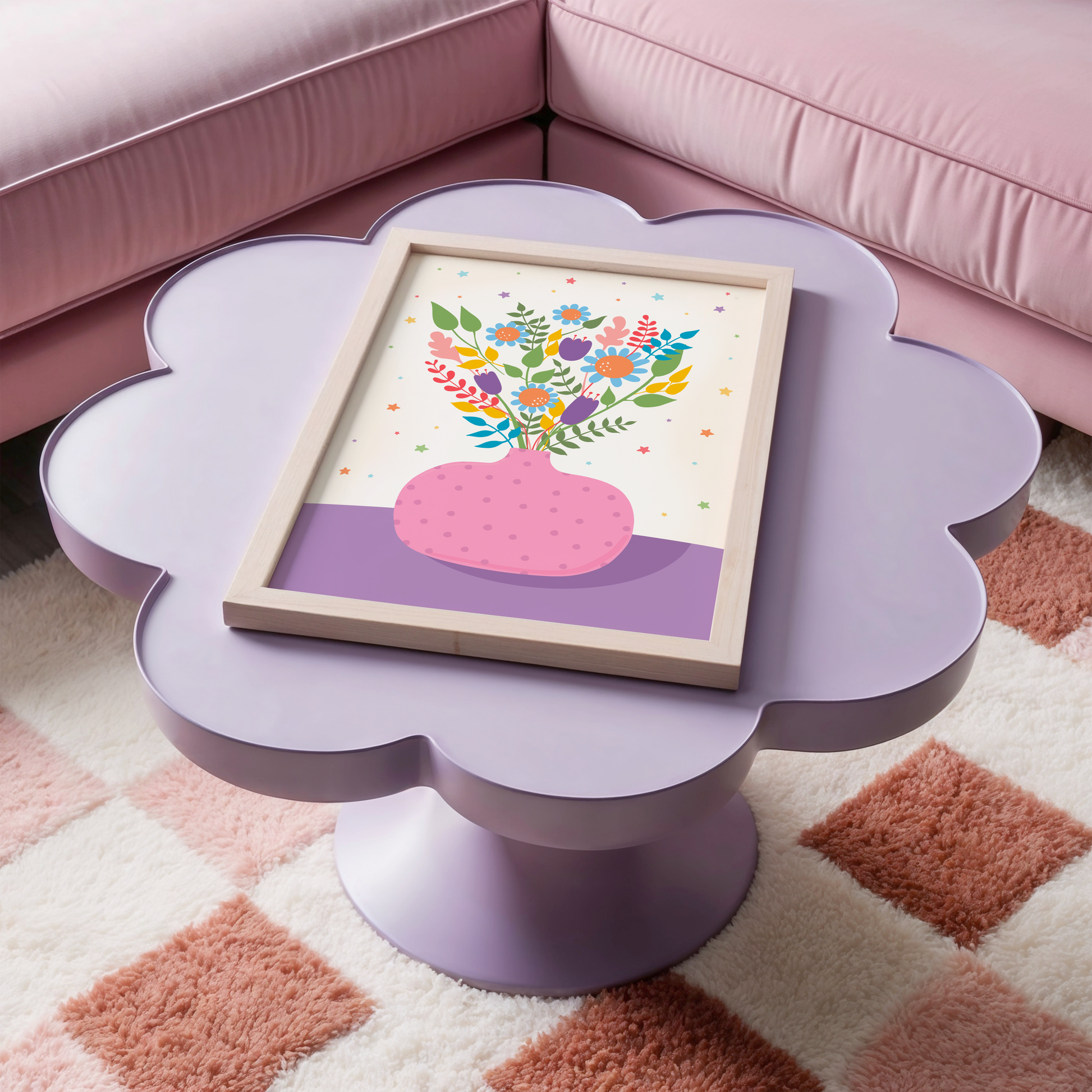 An illustration of a pink vase with bright colourful flowers in. The vase is set on a purple and cream background, decorated with little colourful star illustrations.