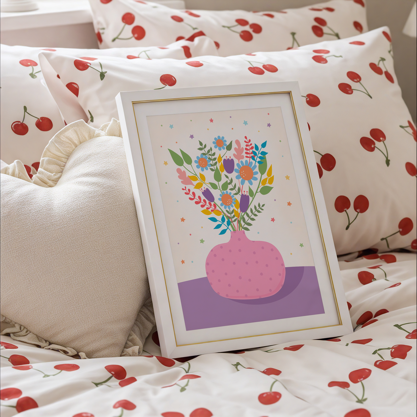 An illustration of a pink vase with bright colourful flowers in. The vase is set on a purple and cream background, decorated with little colourful star illustrations.