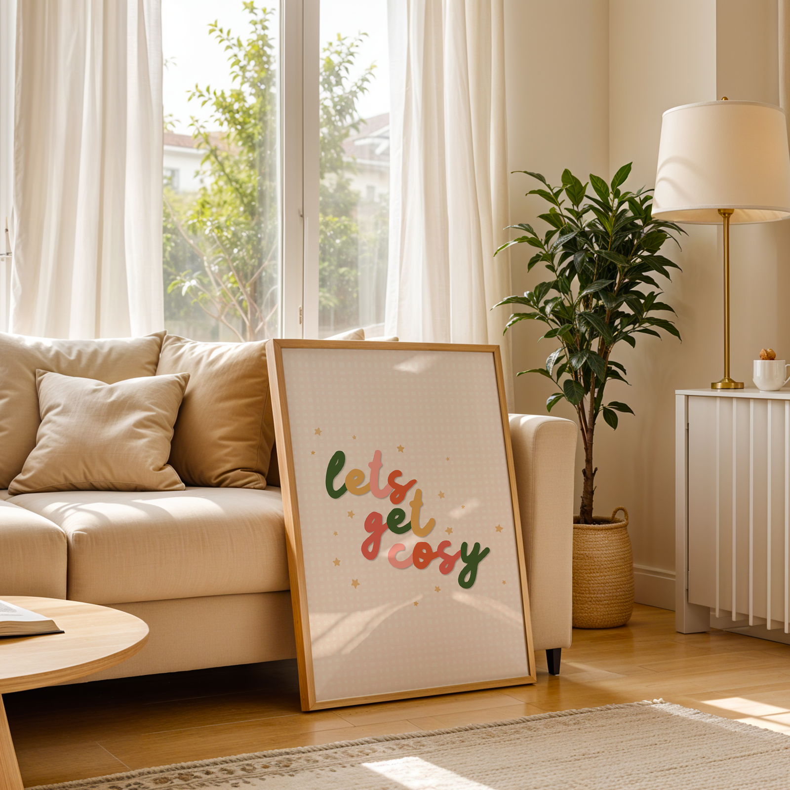 Cozy living room with a beige sofa, coffee table, and decorative sign.