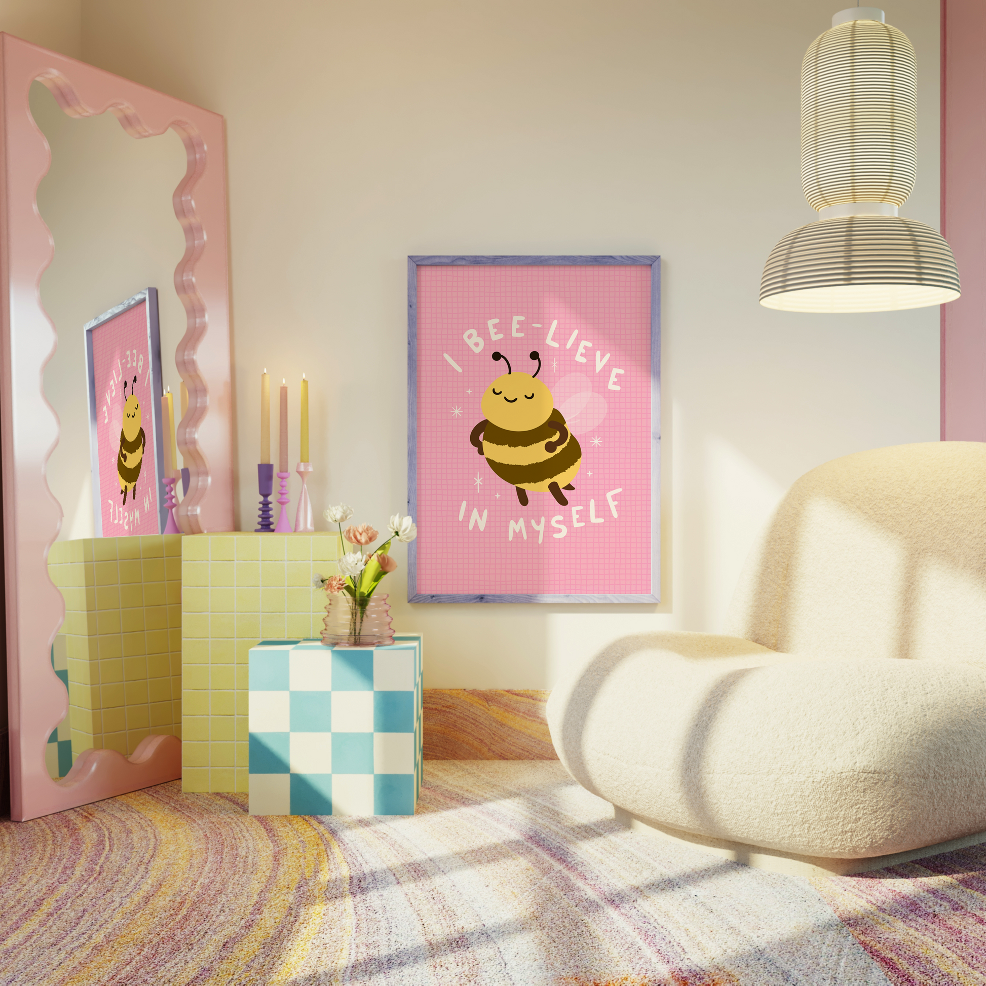 A pink print with an illustration of a cute little bumble bee, and hand written text that reads 'I believe in myself'.