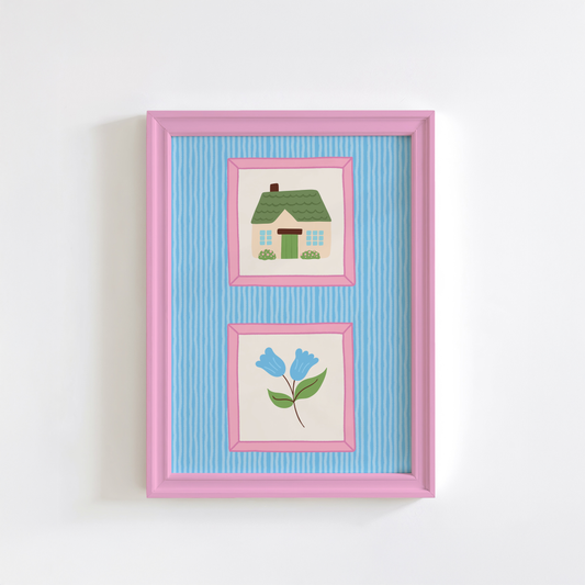 A blue striped background, with two pink illustrated frames, one with a cute cottage in and the other with a stem of blue flowers in.