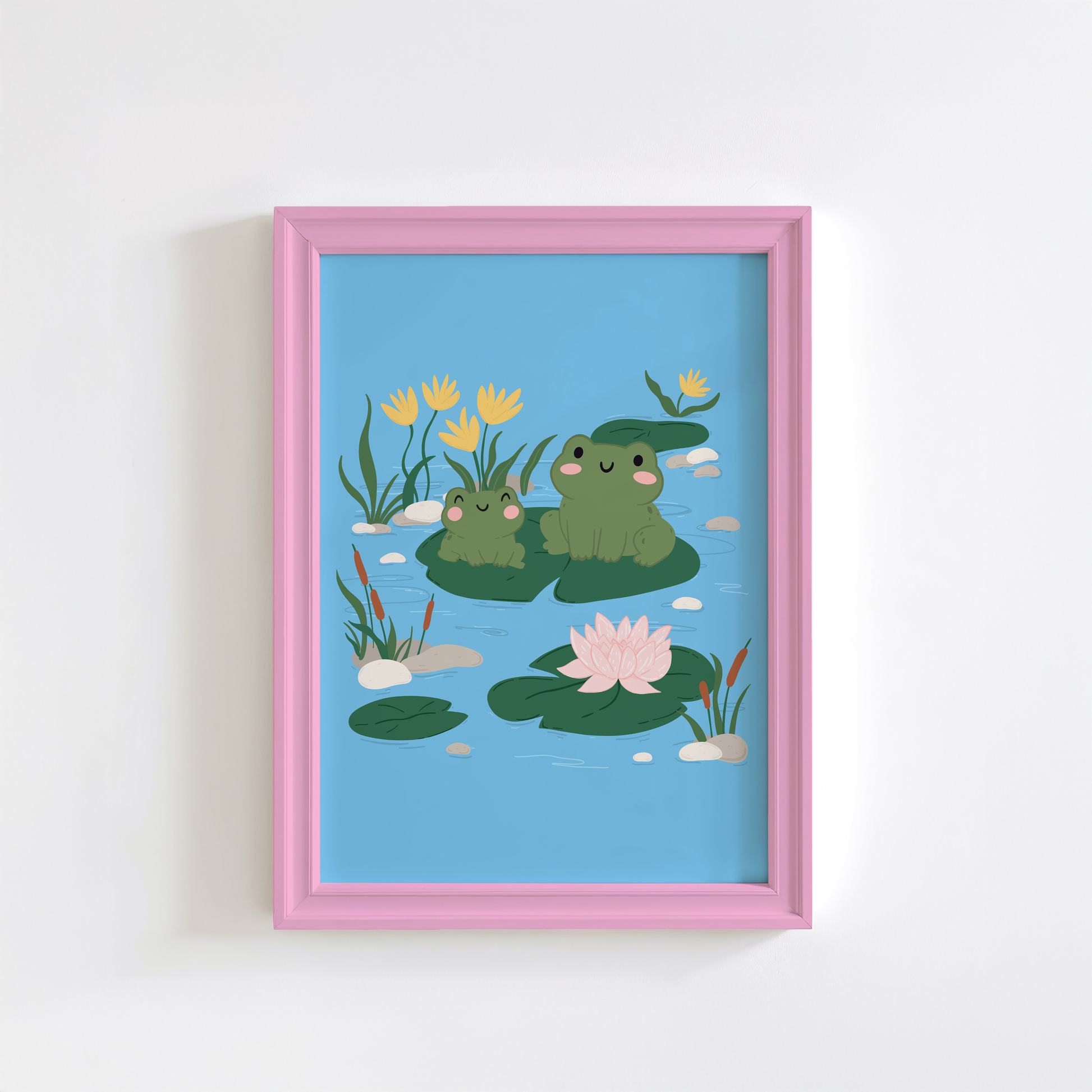 An illustration print of two frogs sitting on a Lilly pad, surrounded by flowers and other Lilly pads in a pond.