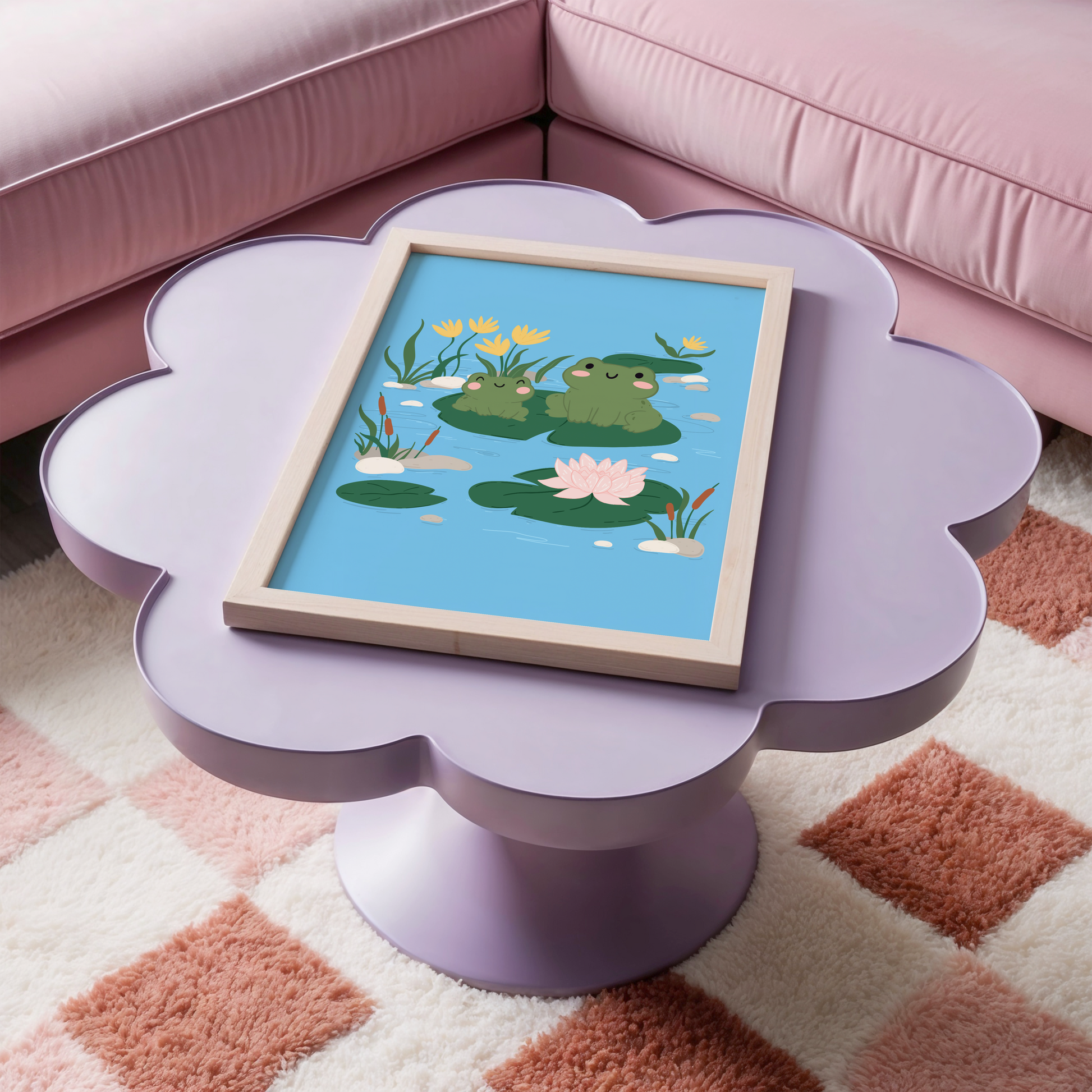 An illustration print of two frogs sitting on a Lilly pad, surrounded by flowers and other Lilly pads in a pond.