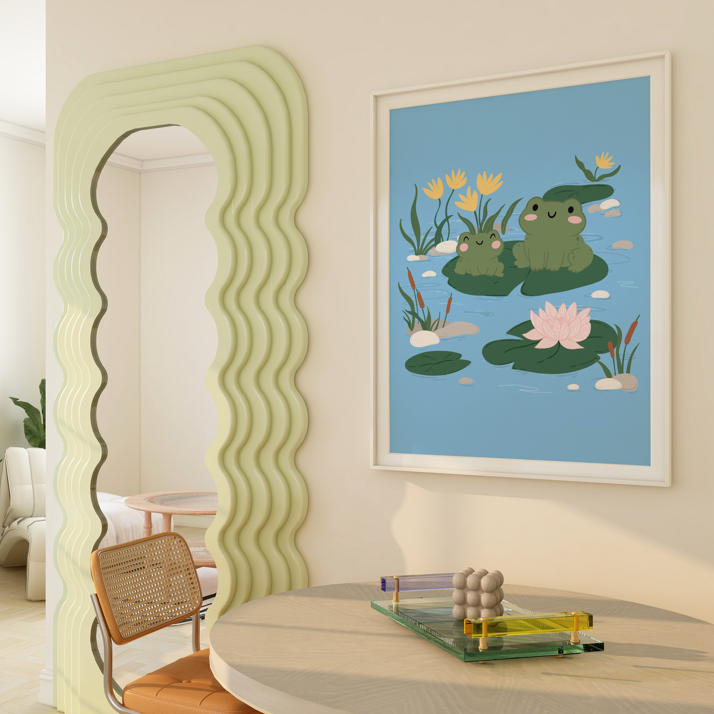 An illustration print of two frogs sitting on a Lilly pad, surrounded by flowers and other Lilly pads in a pond.