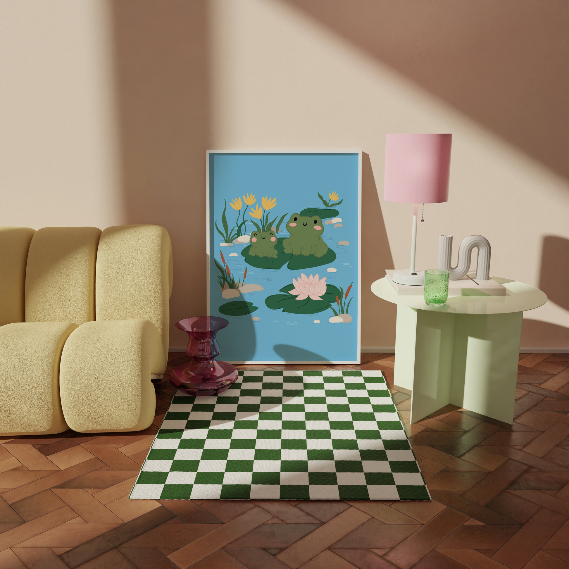 An illustration print of two frogs sitting on a Lilly pad, surrounded by flowers and other Lilly pads in a pond.