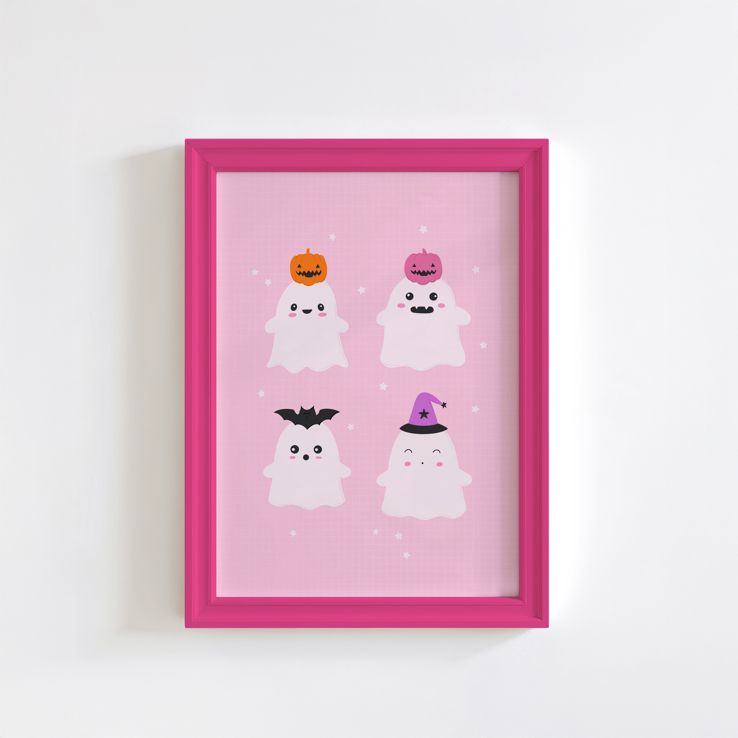 A pink Halloween illustration print featuring four cute ghosts with different Halloween themed hats on their heads.