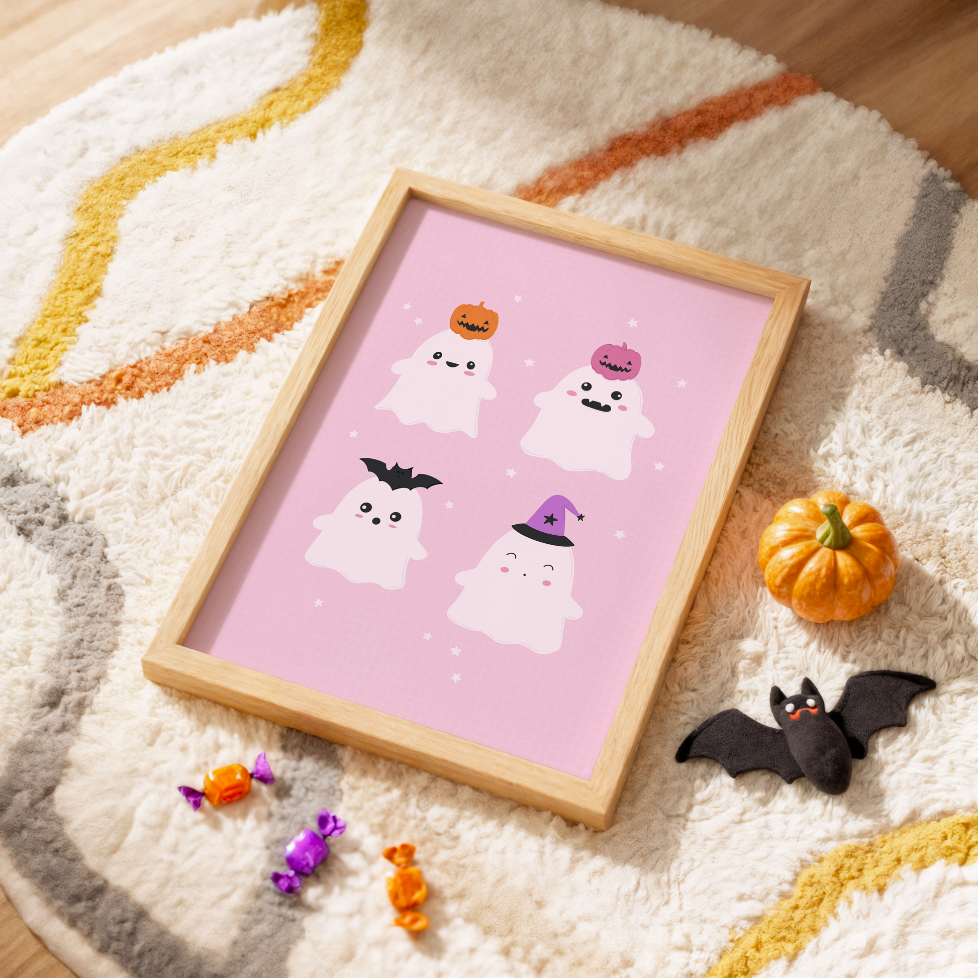 A pink Halloween illustration print featuring four cute ghosts with different Halloween themed hats on their heads.