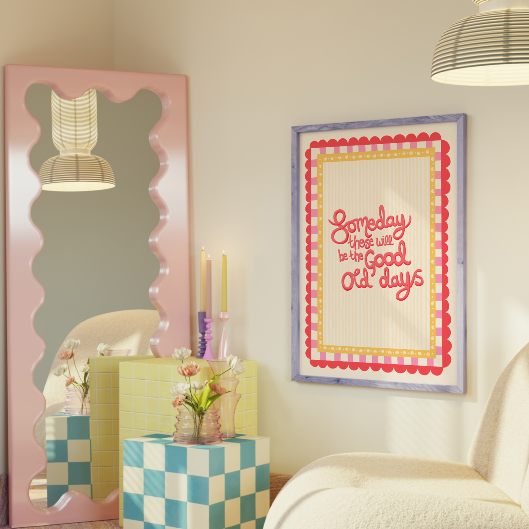 Room interior with a large mirror, framed picture, and decorative items.