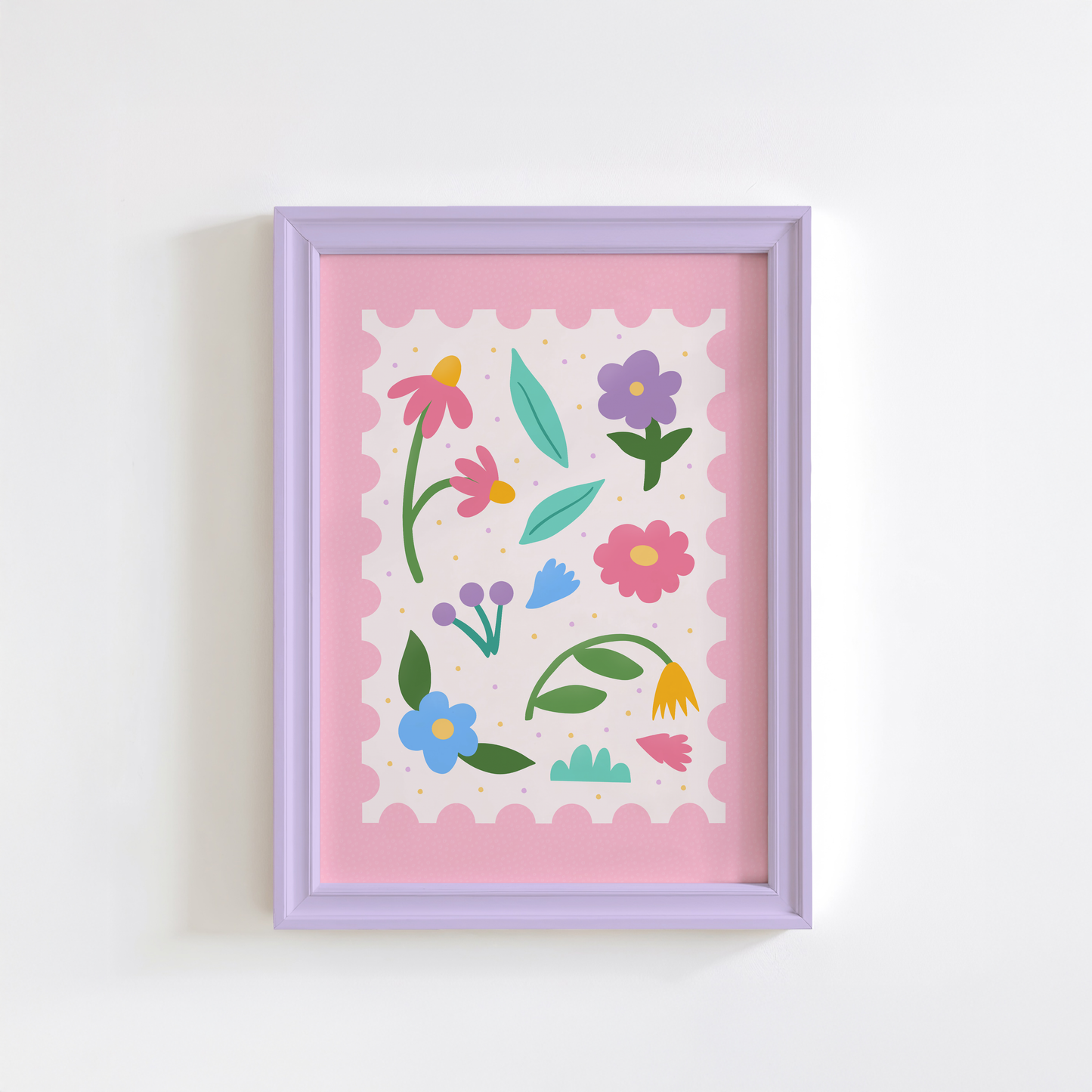 A cute pink print of several floral elements with a wavy pink border.