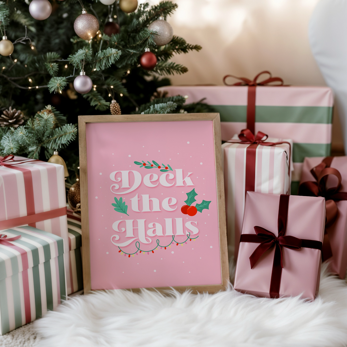 A pale pink Christmas quote print, featuring the words 'deck the halls', surrounded by little Christmas themed doodles.