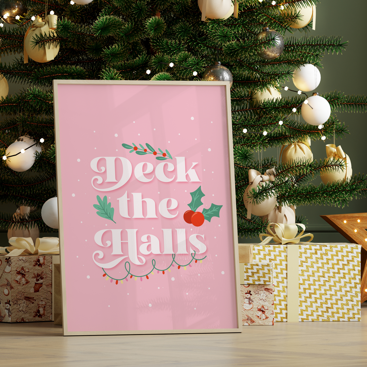 A pale pink Christmas quote print, featuring the words 'deck the halls', surrounded by little Christmas themed doodles.