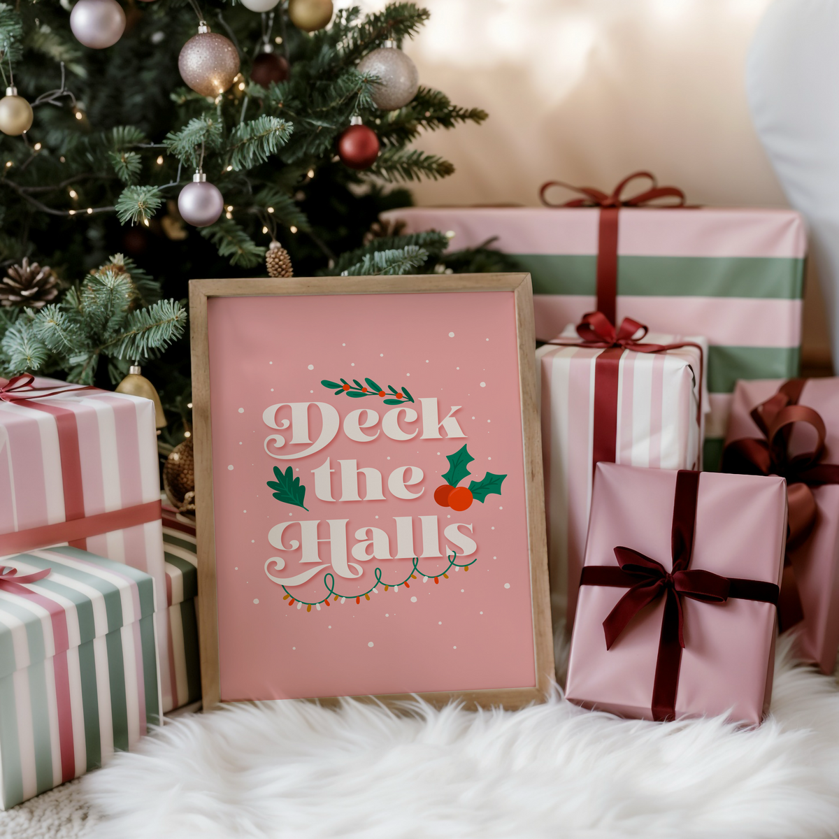 A warm pink Christmas quote print, featuring the words 'deck the halls', surrounded by little Christmas themed doodles.
