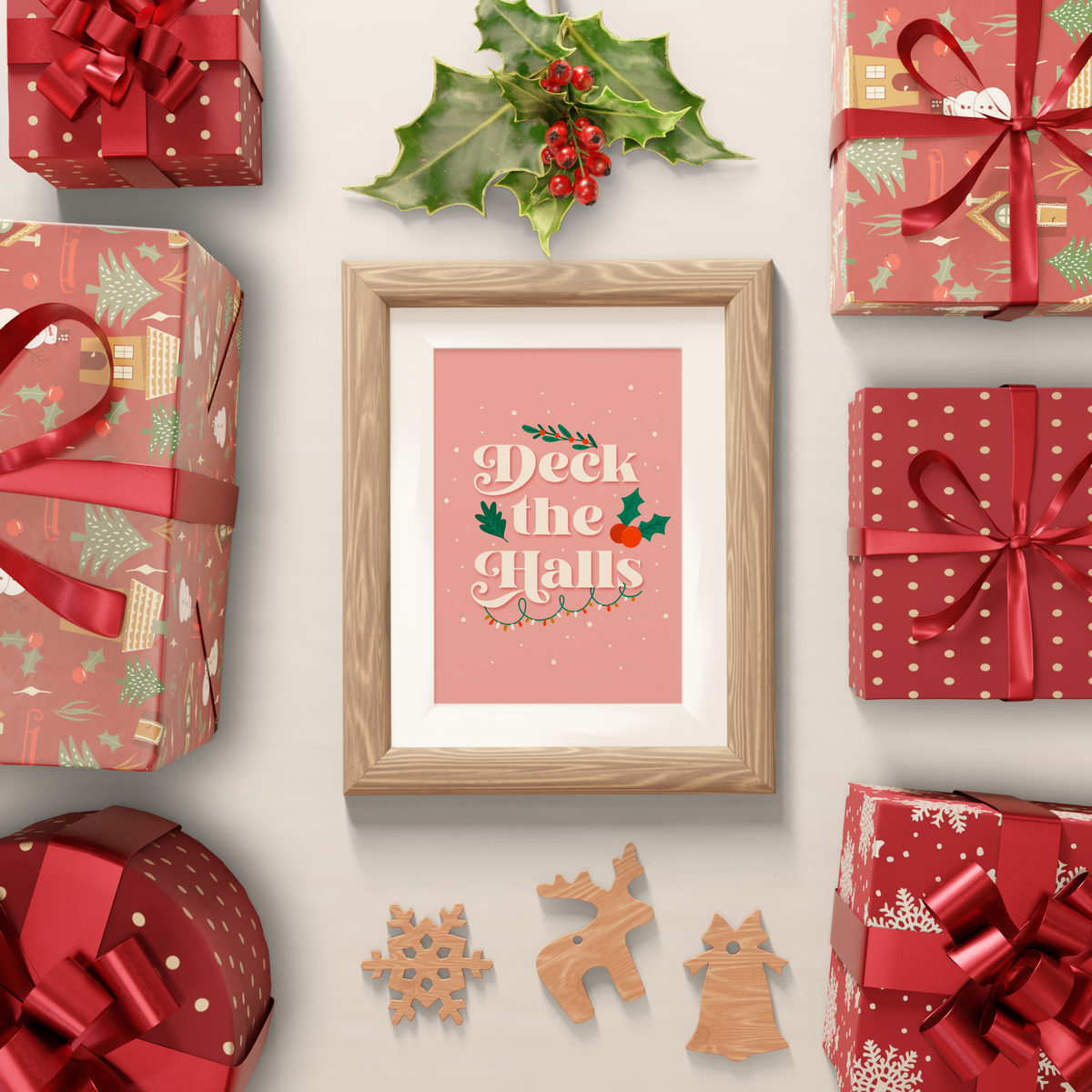 A warm pink Christmas quote print, featuring the words 'deck the halls', surrounded by little Christmas themed doodles.