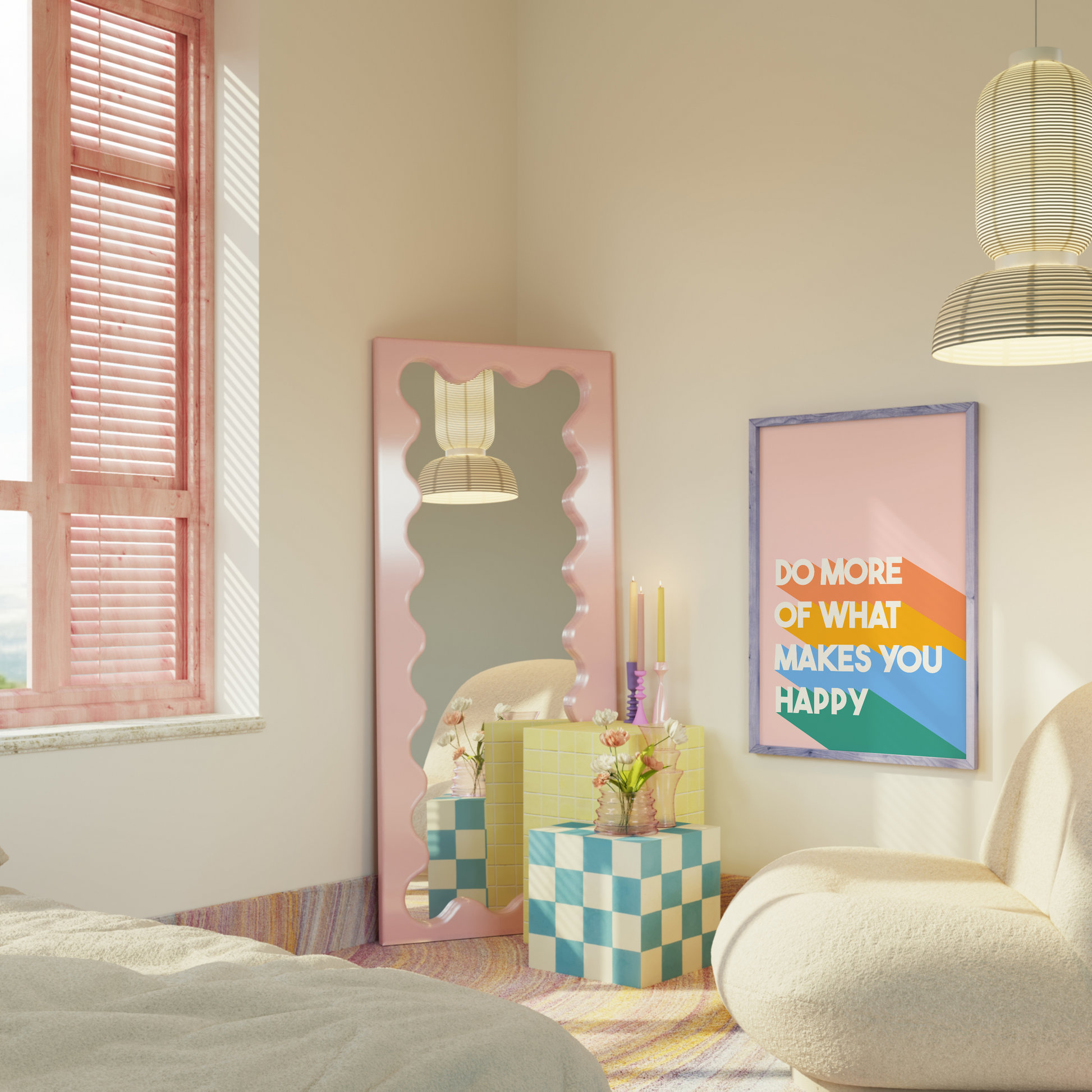 A motivational quote print in orange, yellow blue and green, saying do more of what makes you happy.