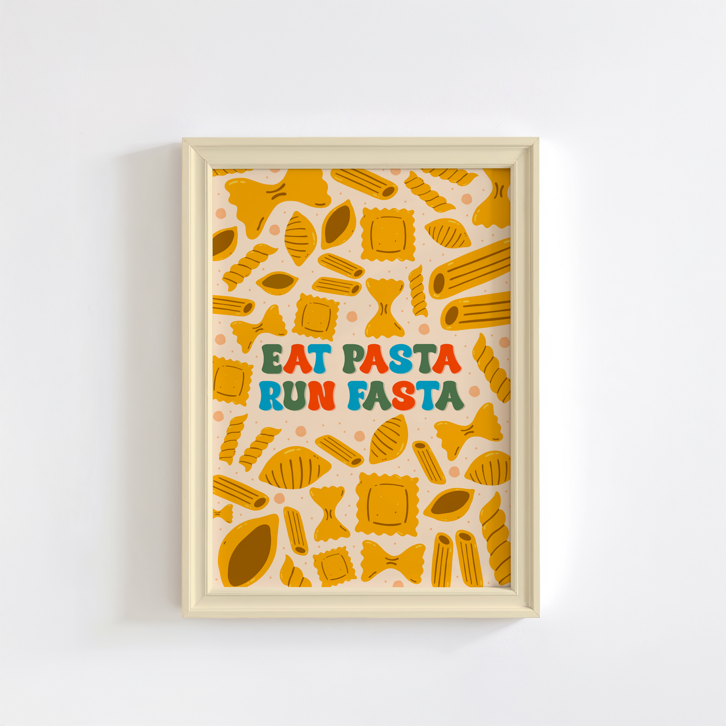 A colourful kitchen print with illustrations of different types of pasta, and a quote that reads 'eat pasta run fasta'.