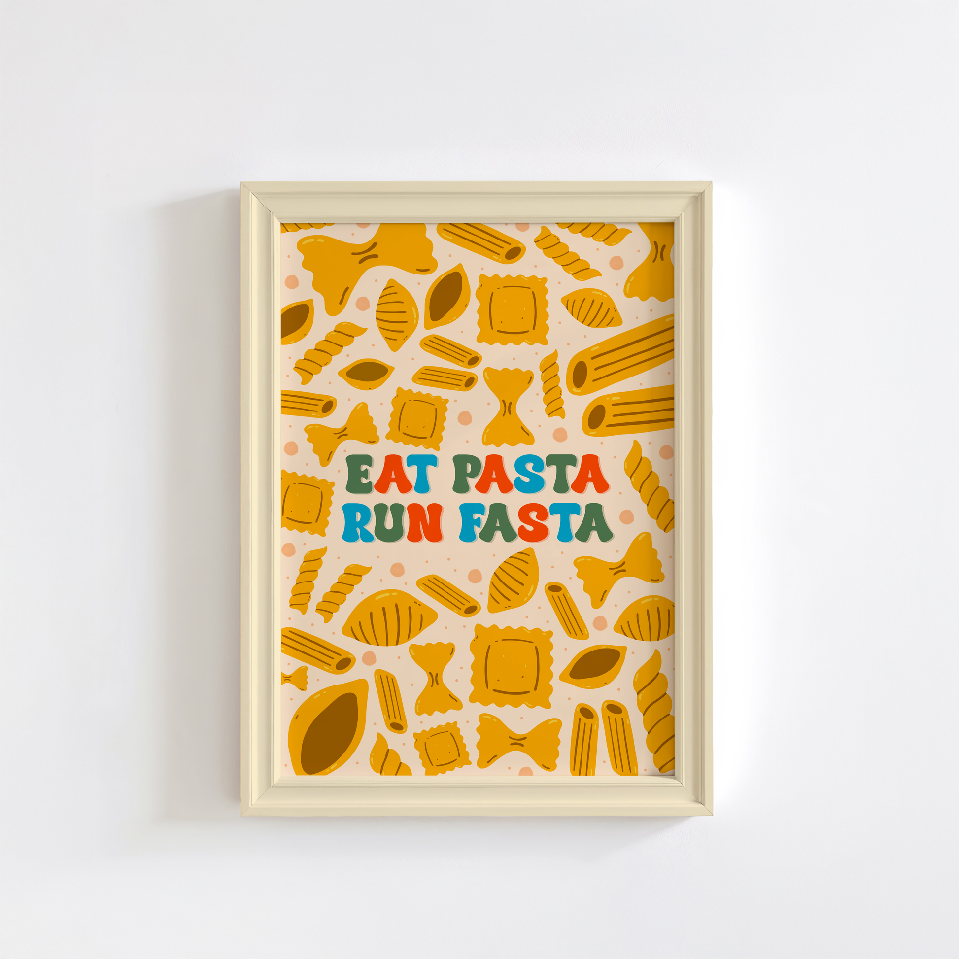 A colourful kitchen print with illustrations of different types of pasta, and a quote that reads 'eat pasta run fasta'.