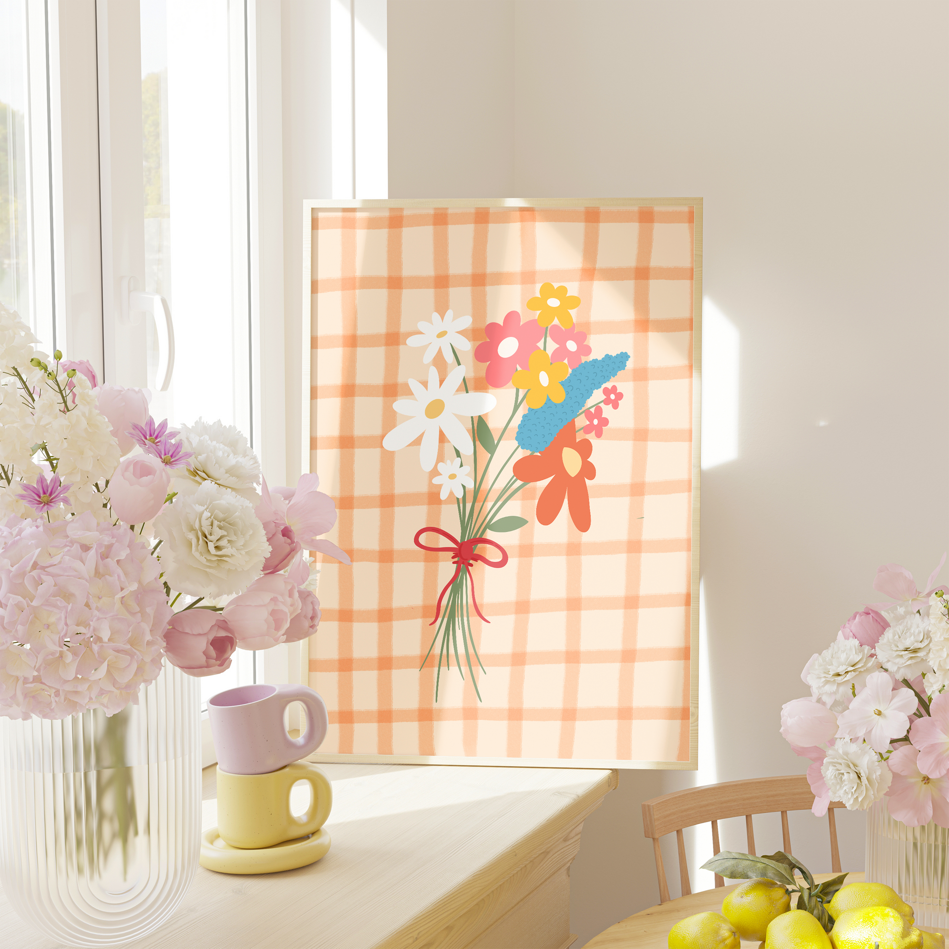 A framed art print featuring a hand-drawn bouquet of spring flowers in shades of white, pink, red, mustard, and teal on a cream and orange checkered background.