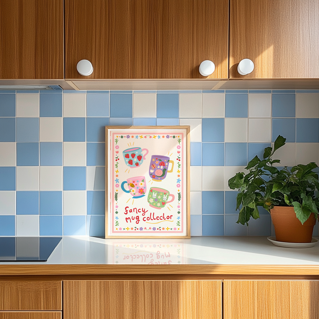 An illustrated print with four decorative mugs, and a quote underneath that reads 'fancy mug collector'. The print has a decorative border of flowers and doodles.